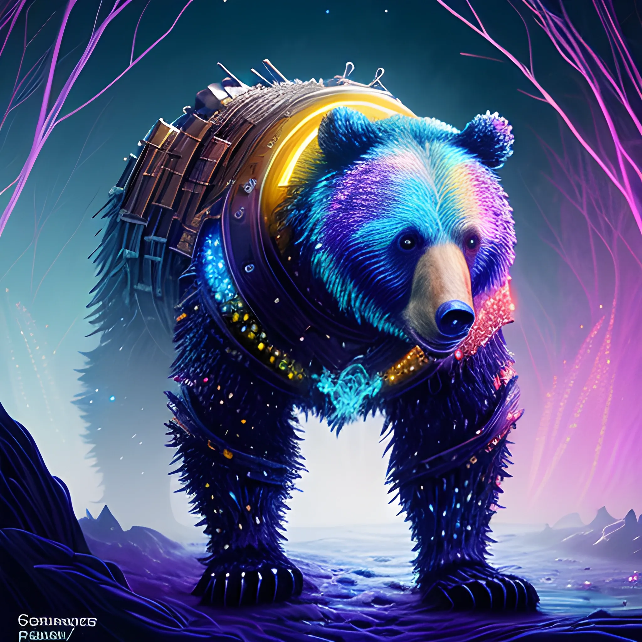 bear, bear in armor, luminous colorful sparkles, ominous, eldritch, macabre, spooky; by James R. Eads, Gawki, rajewel, Tania Rivilis, Dan Mumford, glitter, airbrush, Octane Render, elegant, volumetric lighting, 16k; detailed matte painting, deep color, fantastical, intricate detail, splash screen, complementary colors, fantasy concept art, 8k resolution trending on Artstation Unreal Engine 5, fantay bear armor, chevalry