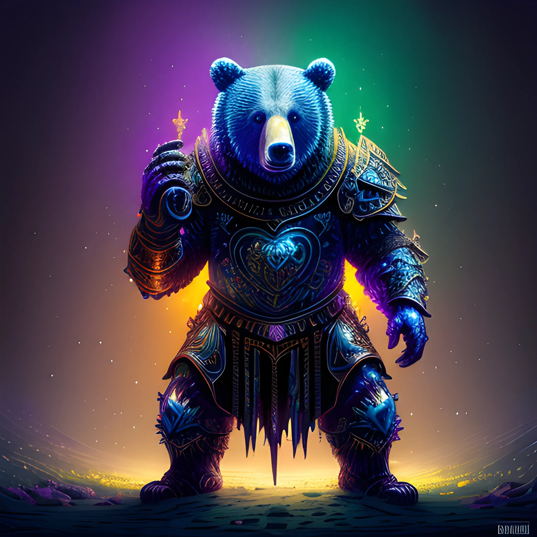 bear, bear in armor, luminous colorful sparkles, ominous, eldritch, macabre, spooky; by James R. Eads, Gawki, rajewel, Tania Rivilis, Dan Mumford, glitter, airbrush, Octane Render, elegant, volumetric lighting, 16k; detailed matte painting, deep color, fantastical, intricate detail, splash screen, complementary colors, fantasy concept art, 8k resolution trending on Artstation Unreal Engine 5, fantay bear armor, chevalry