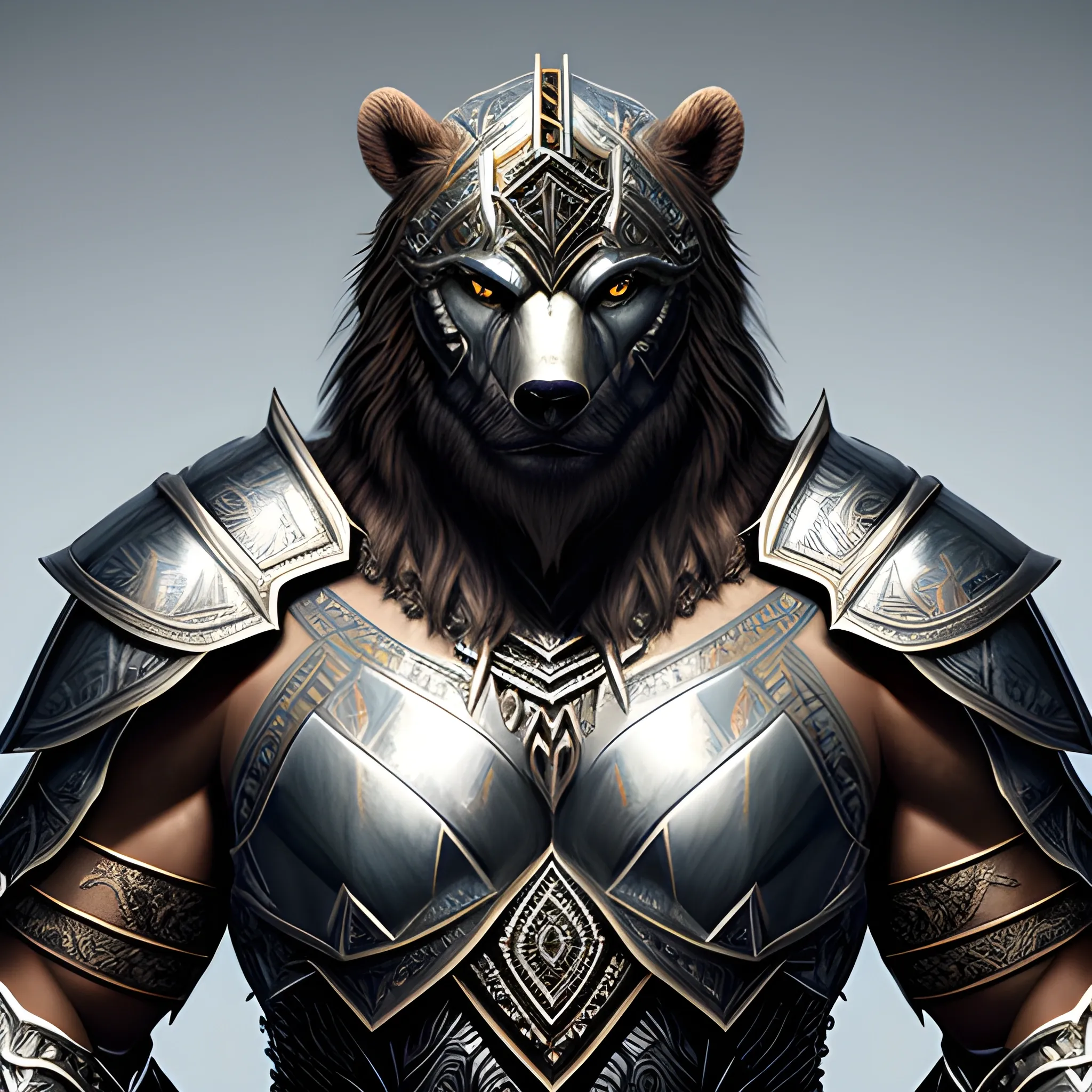 fantasy, metal skin, intricate light silver armor, hyper realistic, 3D, dungeons and dragons, elegant, mysterious, strong, armed, Oil Painting, young, handsome, thin tribal facial tattoos, steel eyes, face tattoo, bear, bear in armor, fantasy bear