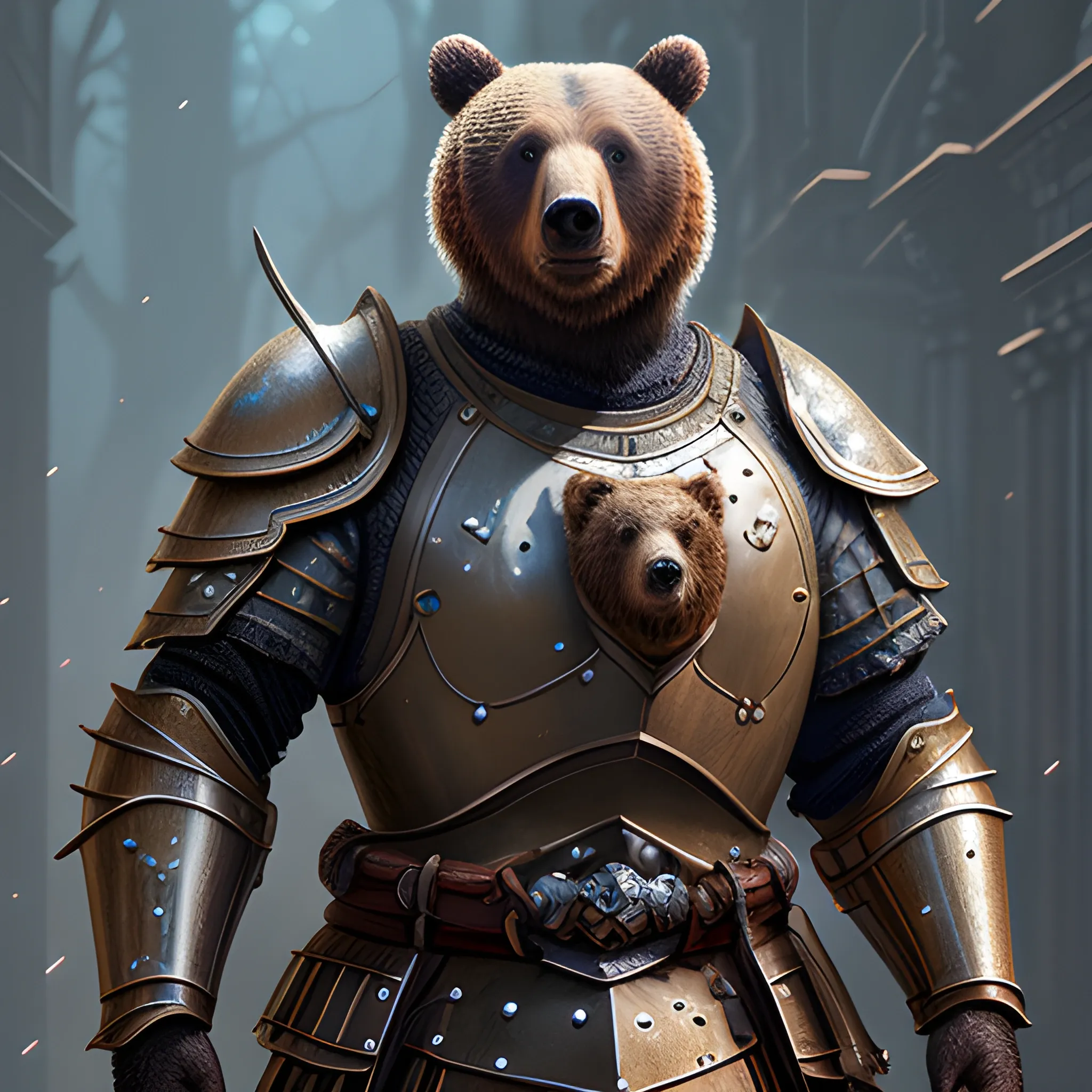 bear, bear in armor, sparkles, magic, 8k, high resolution, high quality, photorealistic, hyperrealistic, detailed, detailed matte painting, deep color, fantastical, intricate detail, splash screen, complementary colors, fantasy concept art, 8k resolution trending on Artstation Unreal Engine