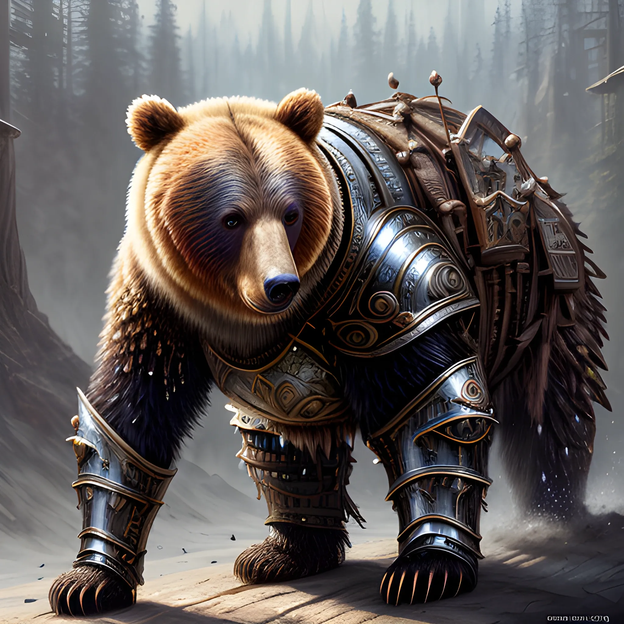 bear, bear in armor, sparkles, magic, 8k, high resolution, high quality, photorealistic, hyperrealistic, detailed, detailed matte painting, deep color, fantastical, intricate detail, splash screen, complementary colors, fantasy concept art, 8k resolution trending on Artstation Unreal Engine