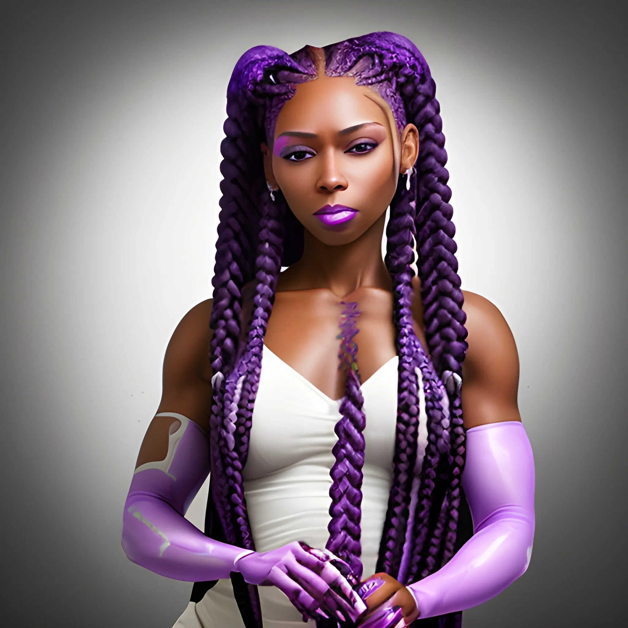 a woman with gun body and murdering with her long purpkle nails she uses braids and white long hair