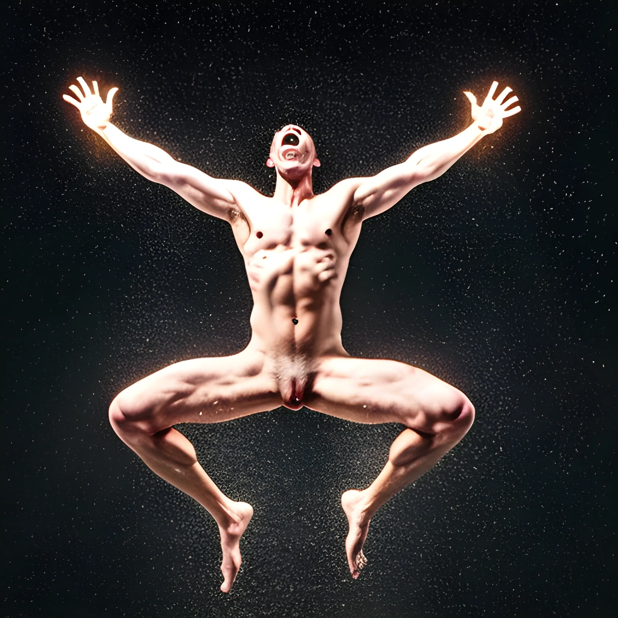 a full body man naked floating mid air with his arms extended screaming at the viewer while glowing black
