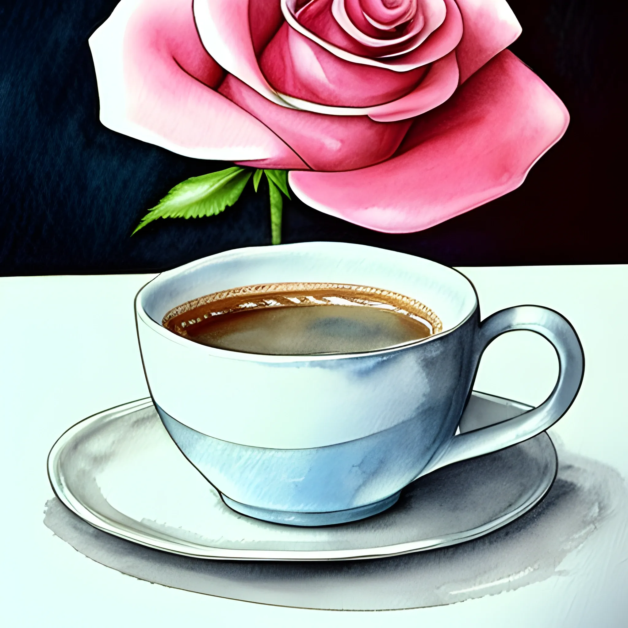 Water Color, Draw a coffee cup on a table, with a rose delicately placed inside it