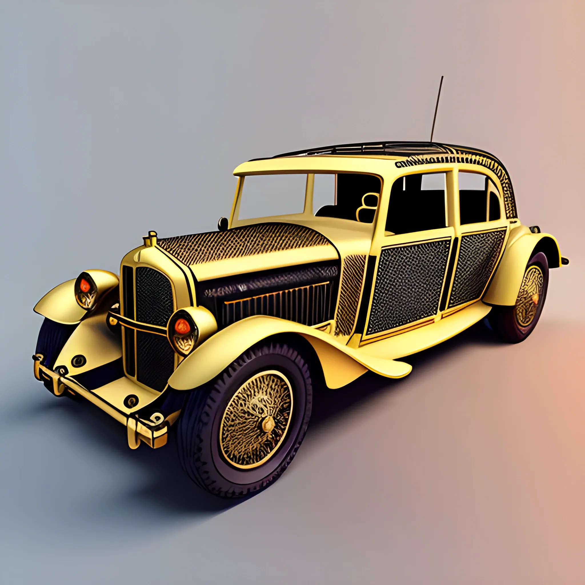 Create an eye-catching visual of a vintage empala with an exploded view that showcases the intricate details and mechanics of the vehicle. Use the golden hour lighting effect to highlight the elegance and beauty of the car and add rim lighting to accentuate its exterior. Create a sense of movement and action by adding a sense of wind and speed, and make sure to use a dramatic lighting effect with heavy contrast that creates a cinematic style. --ar 7:4, 3D