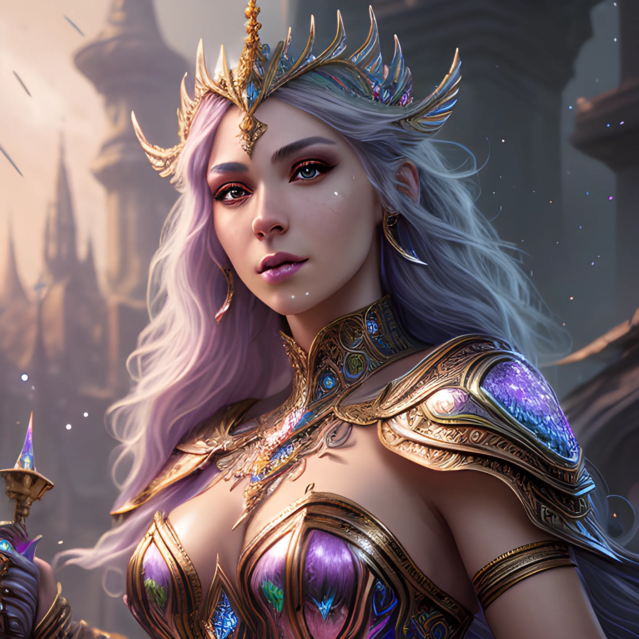 buautiful woman, many magic weapon, sparkles, magic, goddess, 8k, high resolution, high quality, photorealistic, hyperrealistic, detailed, detailed matte painting, deep color, fantastical, intricate detail, splash screen, complementary colors, fantasy concept art, 8k resolution trending on Artstation Unreal Engine