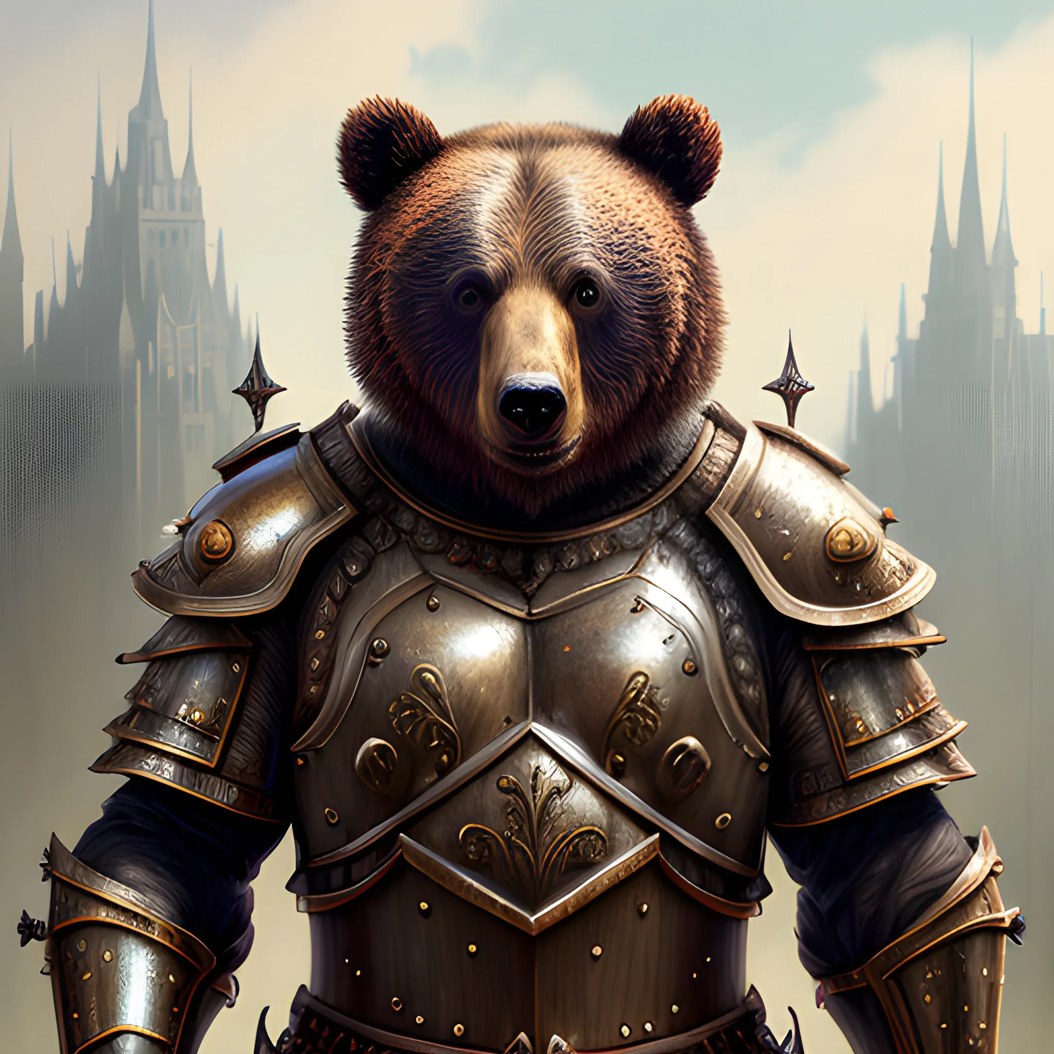 bear, bear in armor, sparkles, magic, 8k, high resolution, high quality, photorealistic, hyperrealistic, detailed, detailed matte painting, deep color, fantastical, intricate detail, splash screen, complementary colors, fantasy concept art, 8k resolution trending on Artstation Unreal Engine