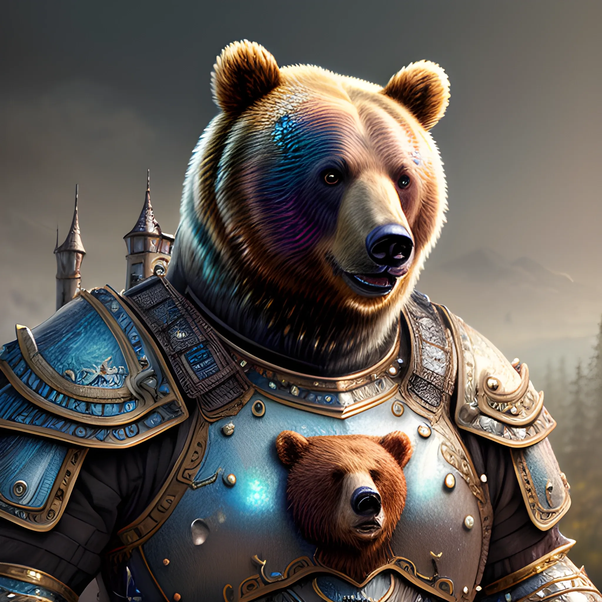 bear, bear in armor, sparkles, magic, 8k, high resolution, high quality, photorealistic, hyperrealistic, detailed, detailed matte painting, deep color, fantastical, intricate detail, splash screen, complementary colors, fantasy concept art, 8k resolution trending on Artstation Unreal Engine