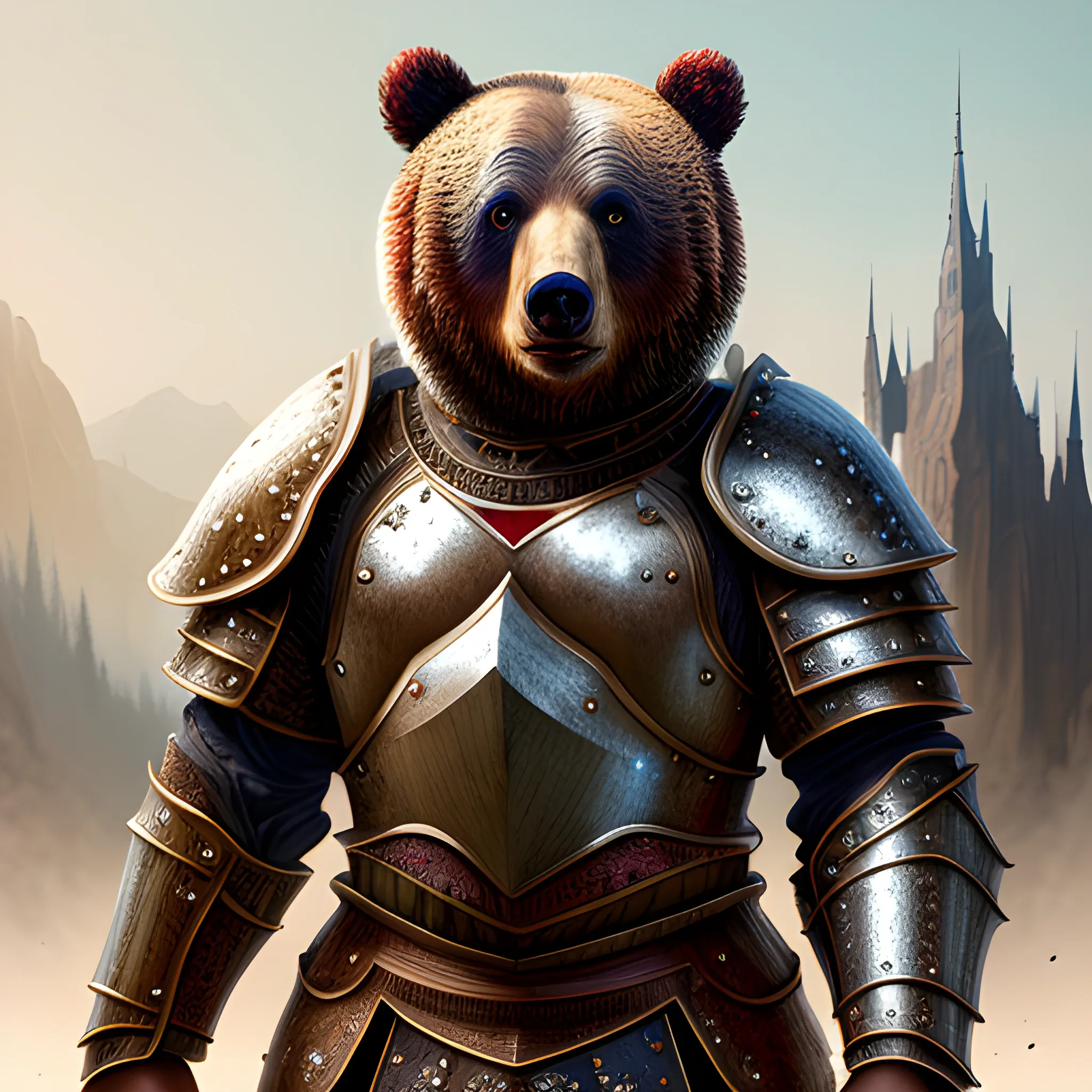 bear, bear in armor, sparkles, magic, 8k, high resolution, high quality, photorealistic, hyperrealistic, detailed, detailed matte painting, deep color, fantastical, intricate detail, splash screen, complementary colors, fantasy concept art, 8k resolution trending on Artstation Unreal Engine, running