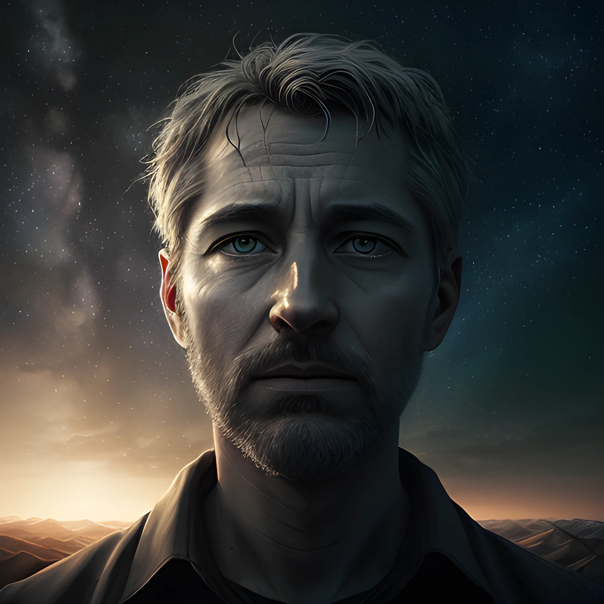 Prompt: A realistic portrait of God, in the heavens, dark background, cinematic color tones, detailed scene, real image