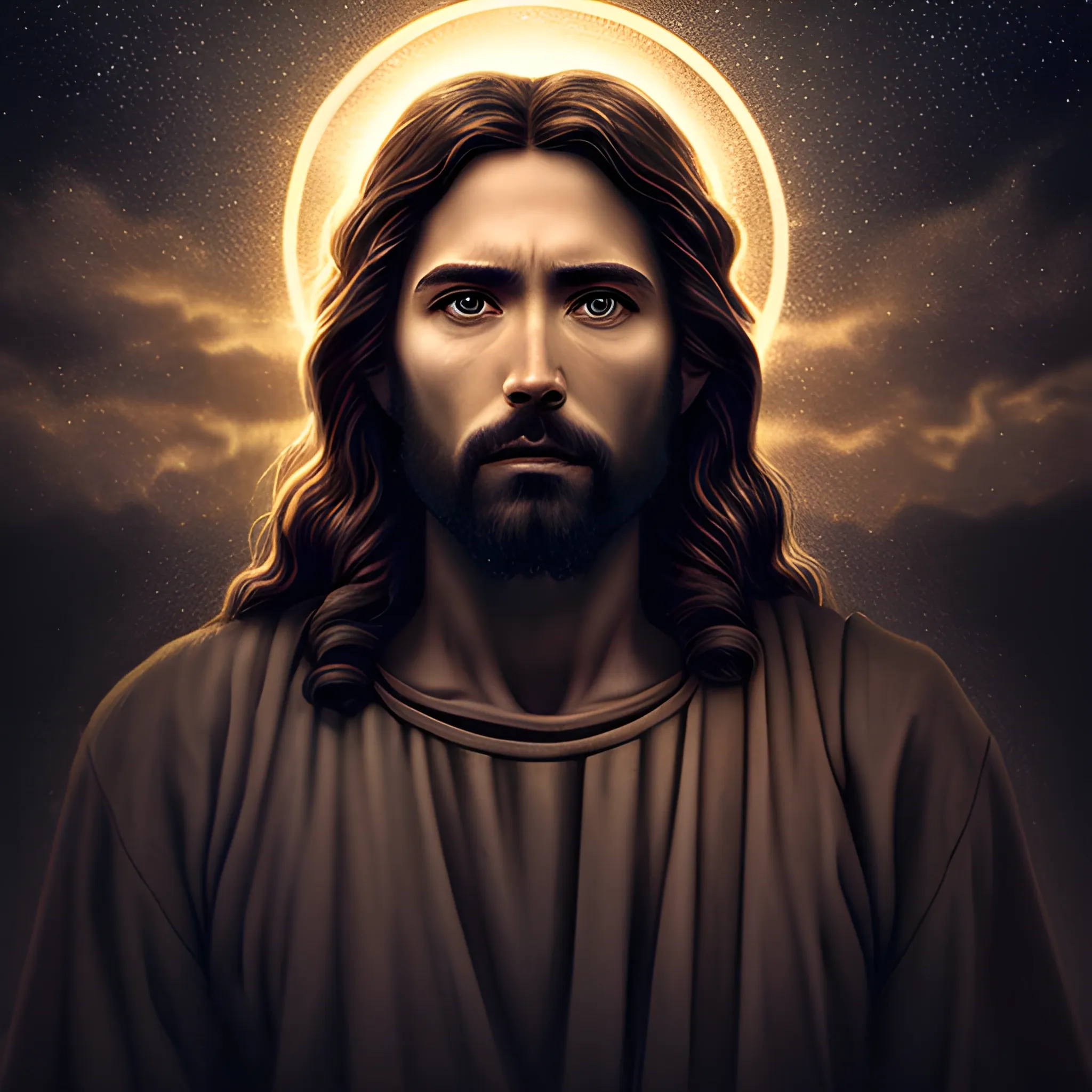 Prompt: A realistic portrait of Jesus, in the heavens, dark background, cinematic color tones, detailed scene, real image