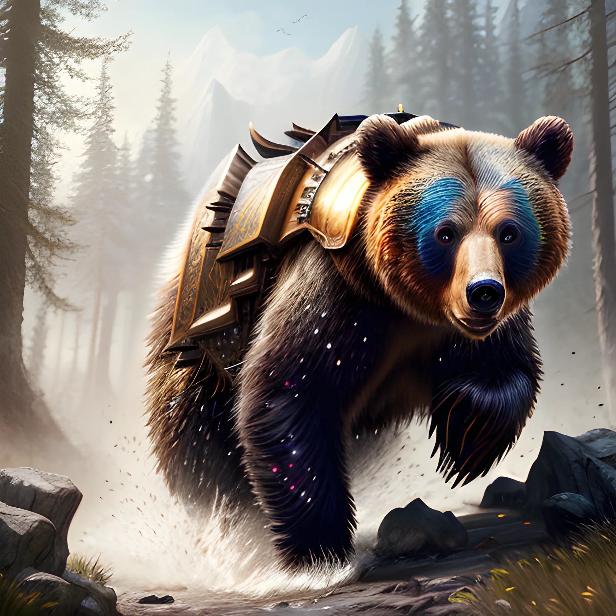 bear running, bear in armor, sparkles, magic, 8k, high resolution, high quality, photorealistic, hyperrealistic, detailed, detailed matte painting, deep color, fantastical, intricate detail, splash screen, complementary colors, fantasy concept art, 8k resolution trending on Artstation Unreal Engine, running