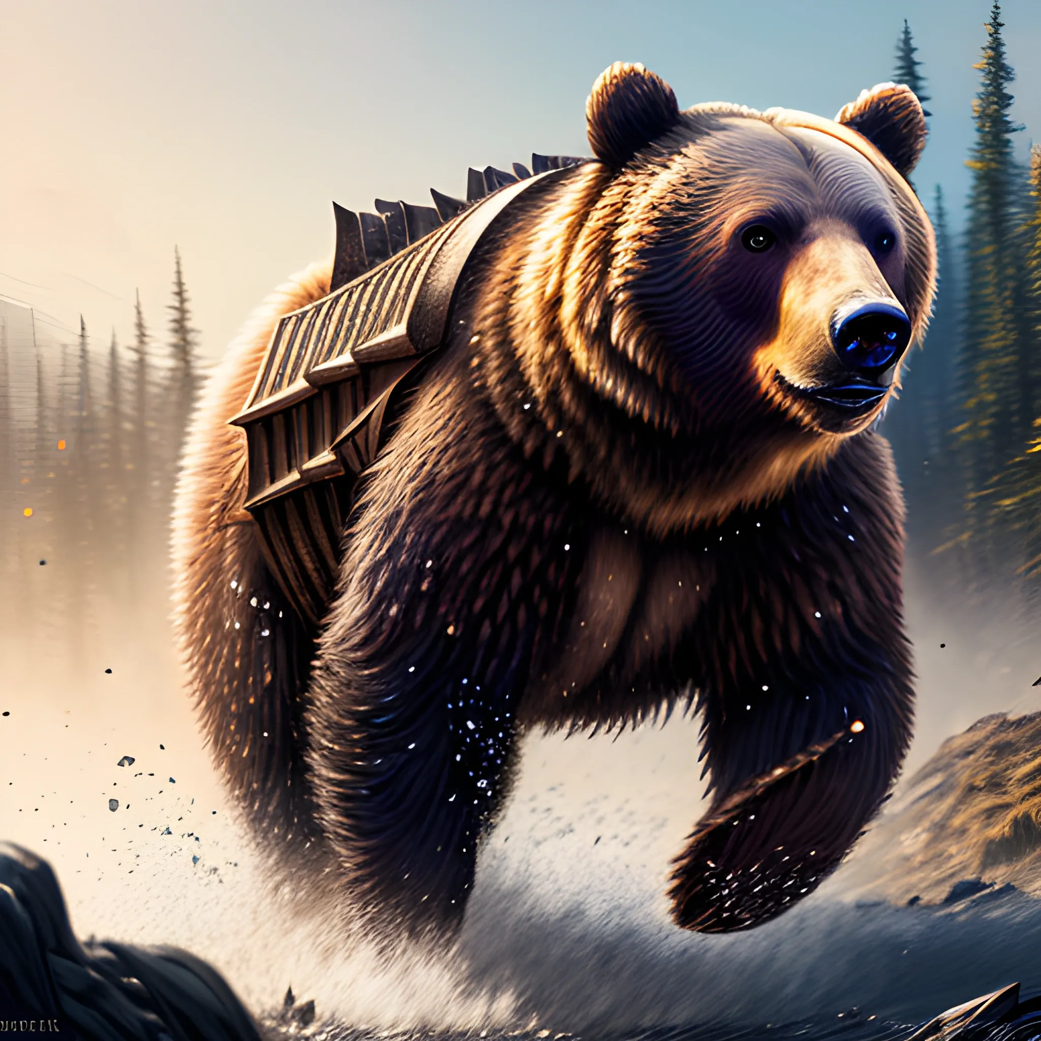 bear running, bear in armor, sparkles, magic, 8k, high resolution, high quality, photorealistic, hyperrealistic, detailed, detailed matte painting, deep color, fantastical, intricate detail, splash screen, complementary colors, fantasy concept art, 8k resolution trending on Artstation Unreal Engine, running