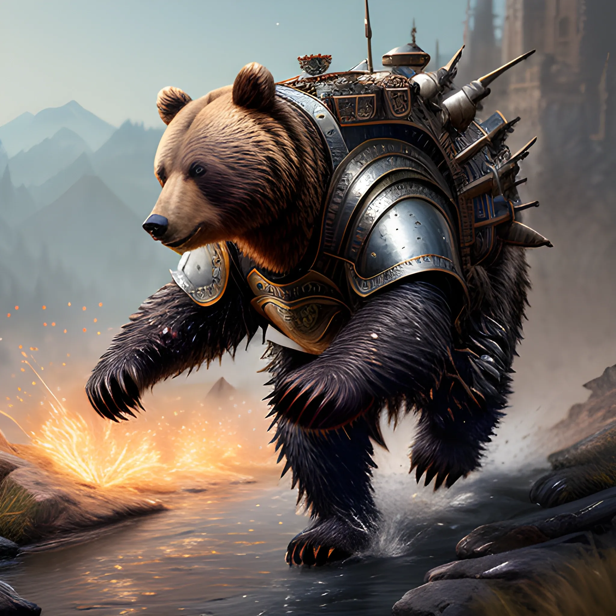 bear running, bear in armor, sparkles, magic, 8k, high resolution, high quality, photorealistic, hyperrealistic, detailed, detailed matte painting, deep color, fantastical, intricate detail, splash screen, complementary colors, fantasy concept art, 8k resolution trending on Artstation Unreal Engine, running