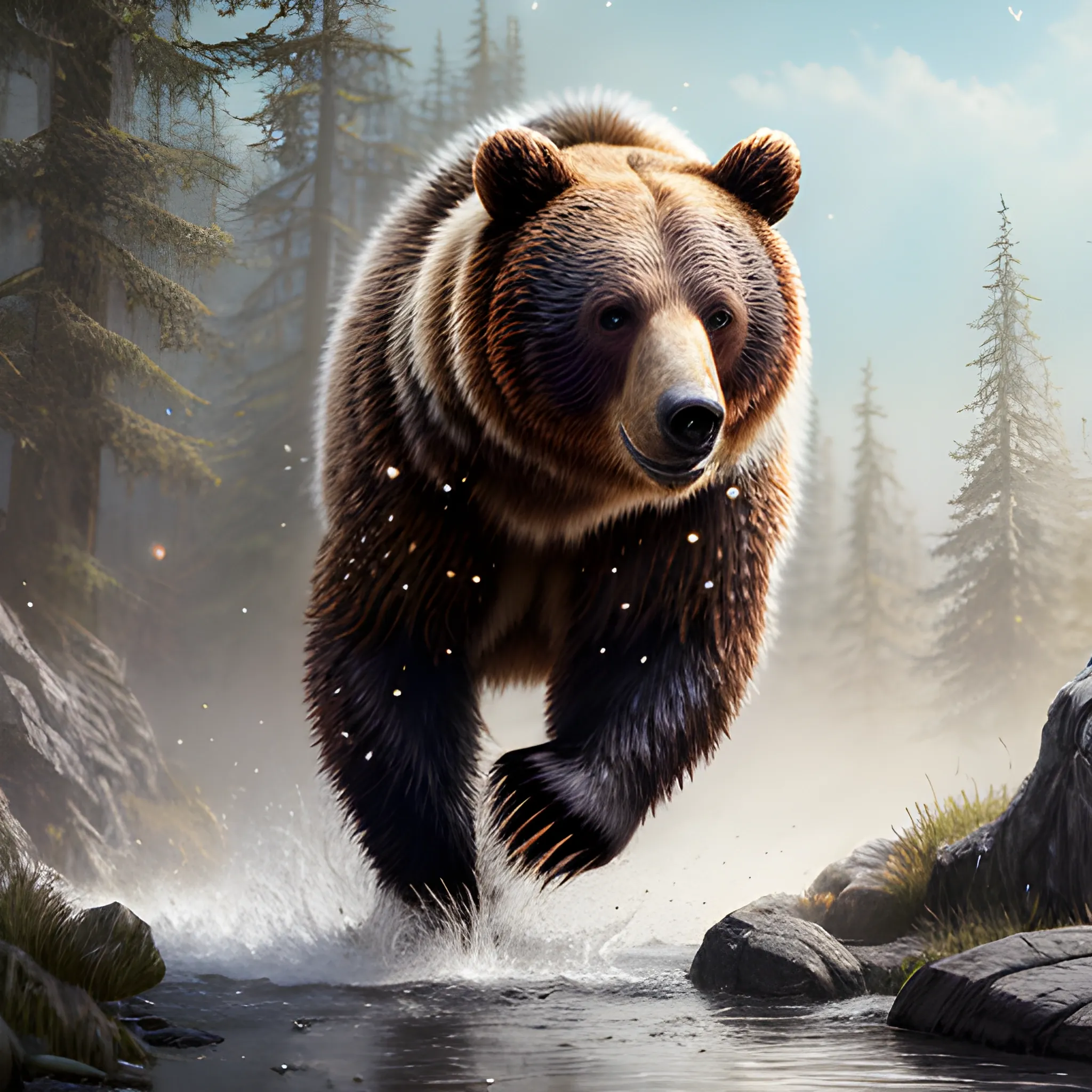 bear running, bear in armor, sparkles, magic, 8k, high resolution, high quality, photorealistic, hyperrealistic, detailed, detailed matte painting, deep color, fantastical, intricate detail, splash screen, complementary colors, fantasy concept art, 8k resolution trending on Artstation Unreal Engine, running