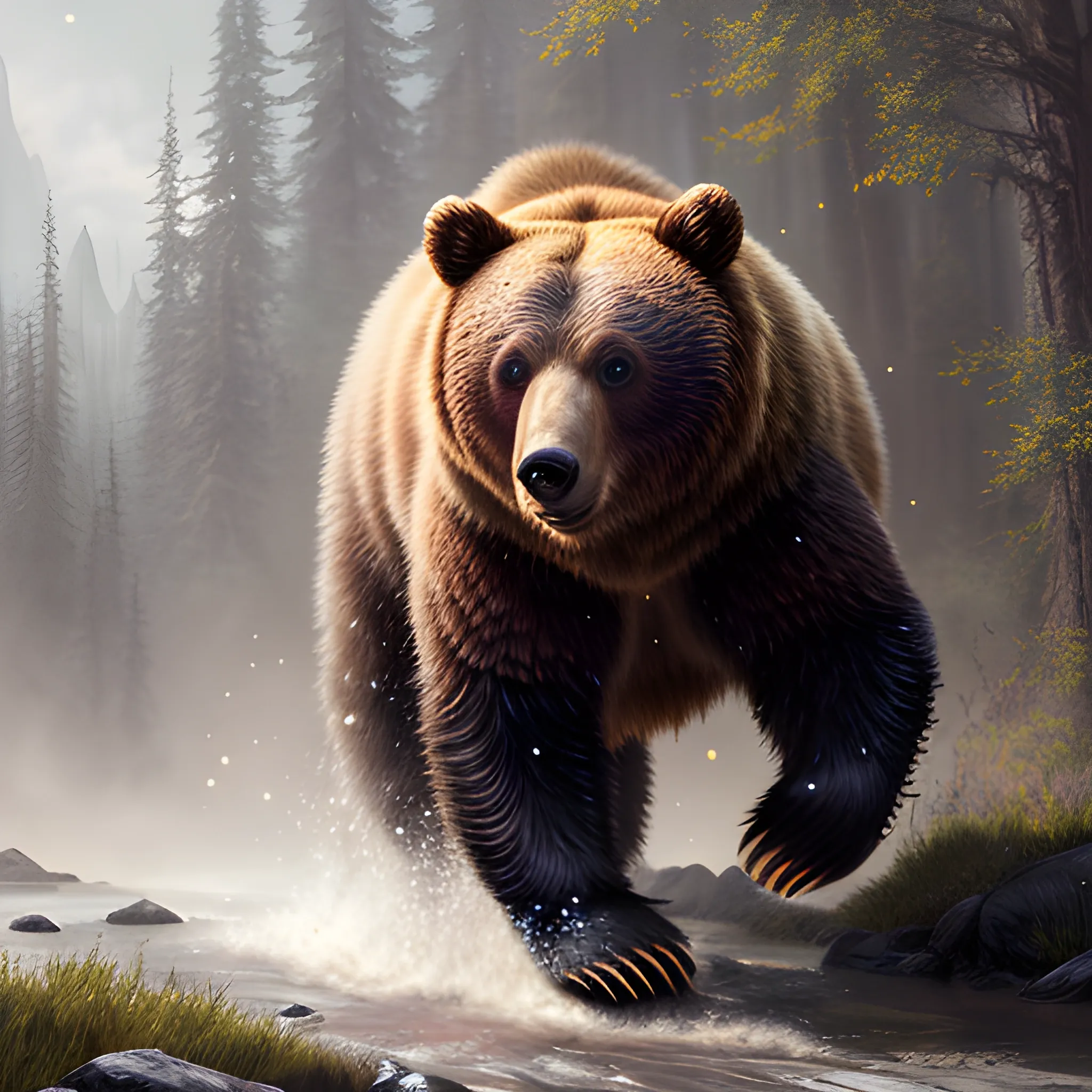 bear running, bear in armor, sparkles, magic, 8k, high resolution, high quality, photorealistic, hyperrealistic, detailed, detailed matte painting, deep color, fantastical, intricate detail, splash screen, complementary colors, fantasy concept art, 8k resolution trending on Artstation Unreal Engine, running