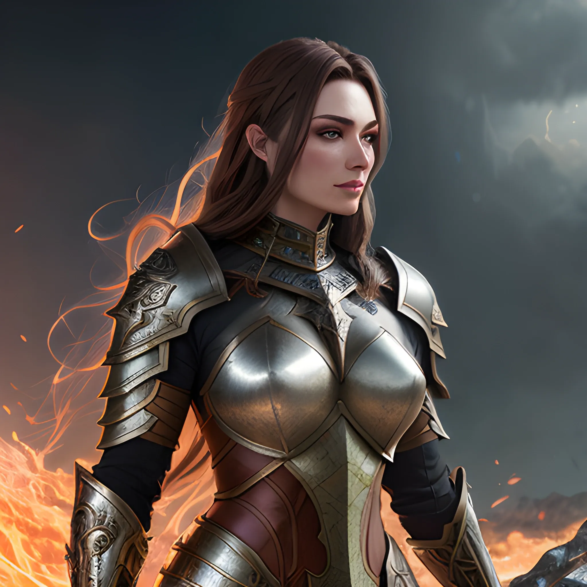 girl, girl in armor, fantasy,  sparkles, magic, 8k, high resolution, high quality, photorealistic, hyperrealistic, detailed, detailed matte painting, deep color, fantastical, intricate detail, splash screen, complementary colors, fantasy concept art, 8k resolution trending on Artstation Unreal Engine, brown hair