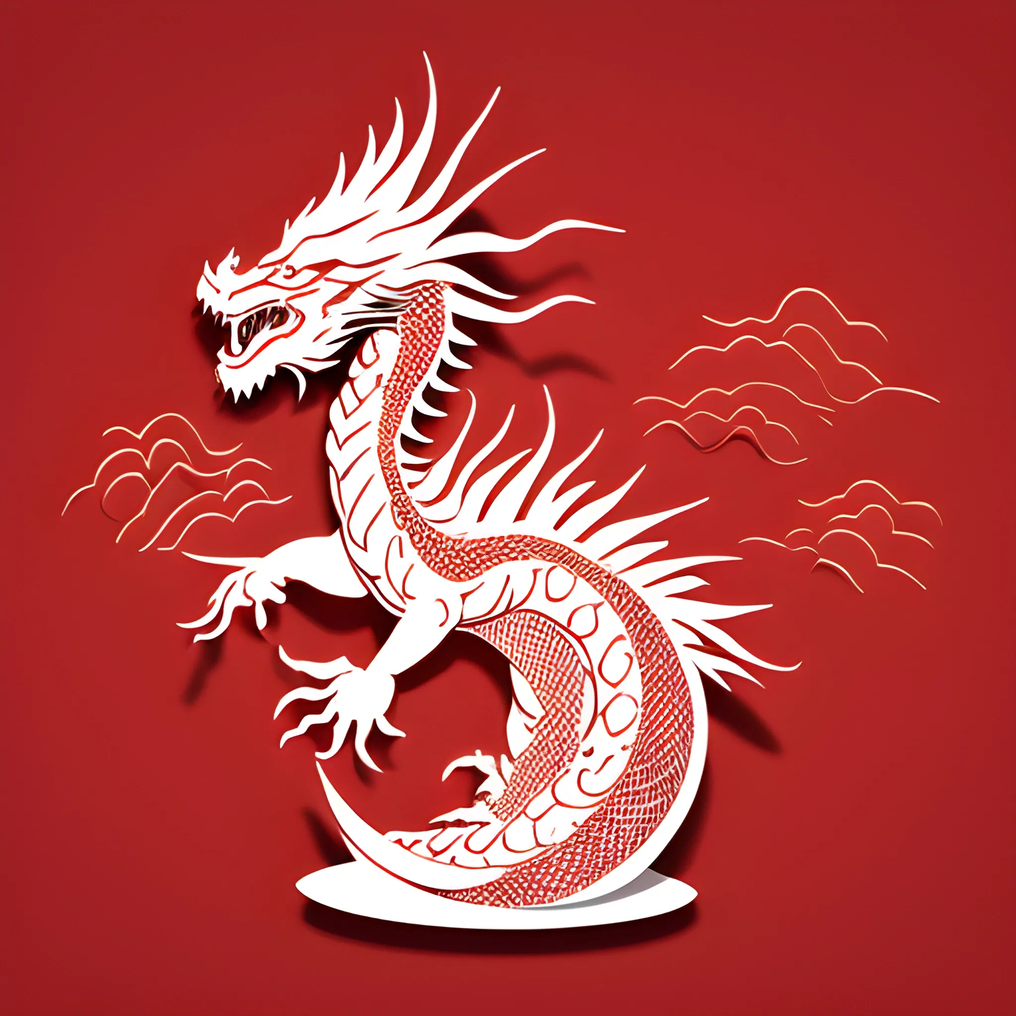 Graphic illustration, paper cutting work, dragon totem, magic formation, cute Chinese dragon, red background