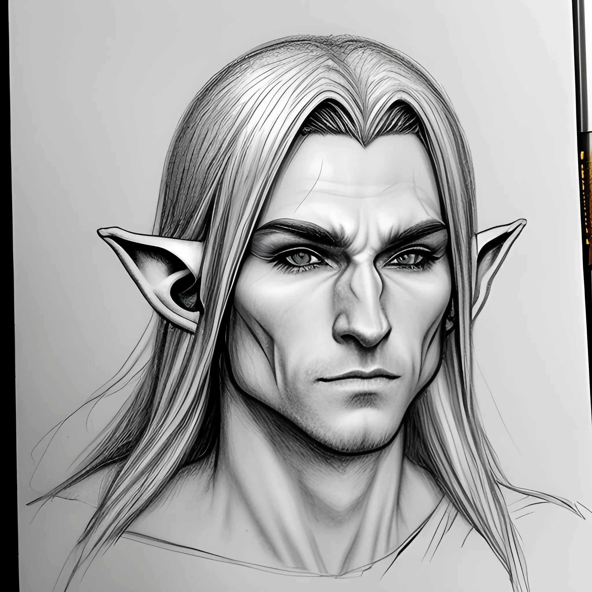 male elf head with long hair, cold face, rarely smiles, firm, b ...