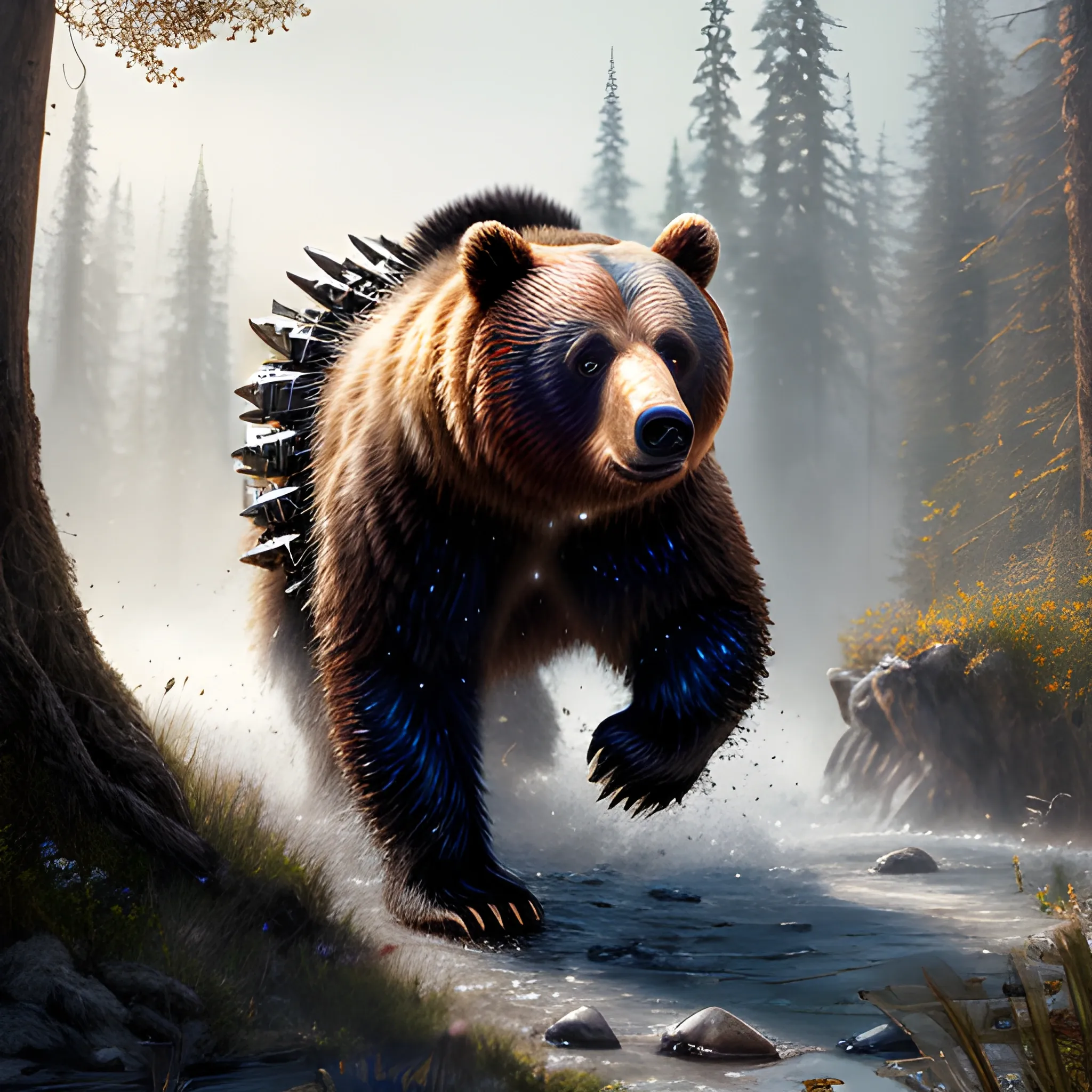 bear running, bear in armor, sparkles, magic, 8k, high resolution, high quality, photorealistic, hyperrealistic, detailed, detailed matte painting, deep color, fantastical, intricate detail, splash screen, complementary colors, fantasy concept art, 8k resolution trending on Artstation Unreal Engine, running