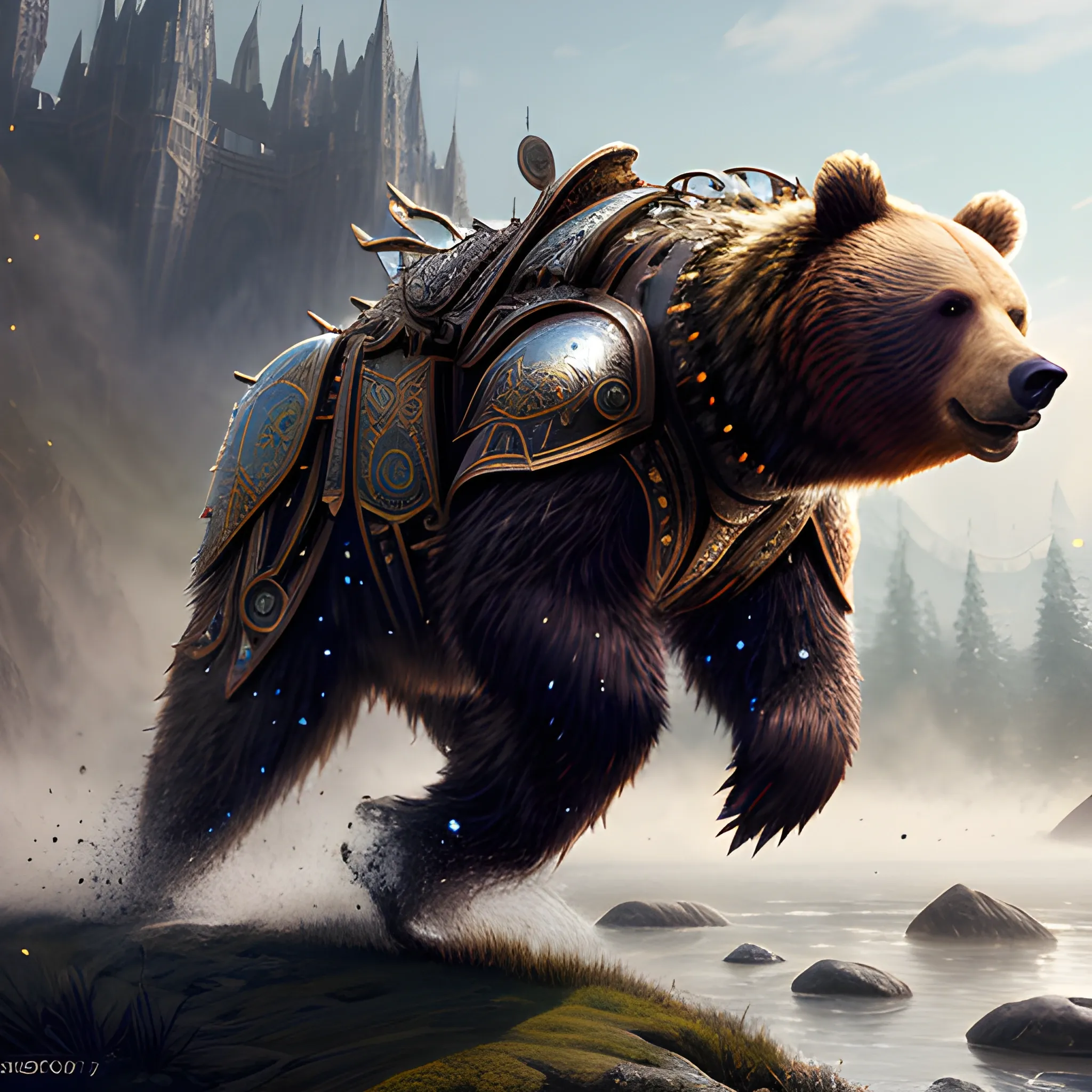 bear running, bear in armor, sparkles, magic, 8k, high resolution, high quality, photorealistic, hyperrealistic, detailed, detailed matte painting, deep color, fantastical, intricate detail, splash screen, complementary colors, fantasy concept art, 8k resolution trending on Artstation Unreal Engine, running