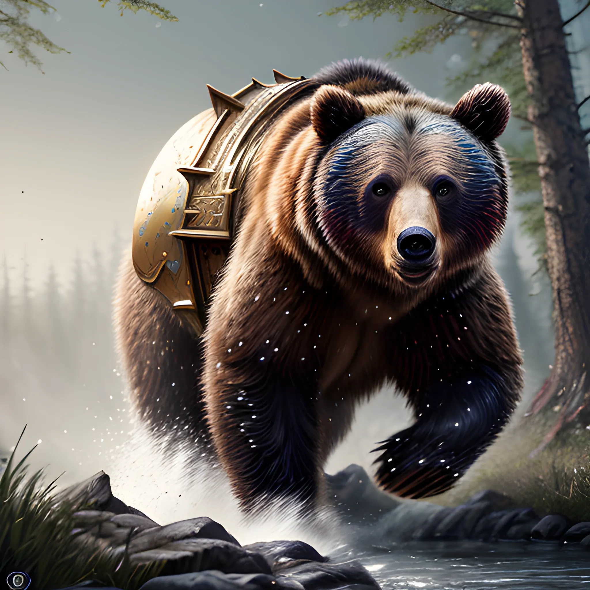 bear running, bear in armor, sparkles, magic, 8k, high resolution, high quality, photorealistic, hyperrealistic, detailed, detailed matte painting, deep color, fantastical, intricate detail, splash screen, complementary colors, fantasy concept art, 8k resolution trending on Artstation Unreal Engine, running