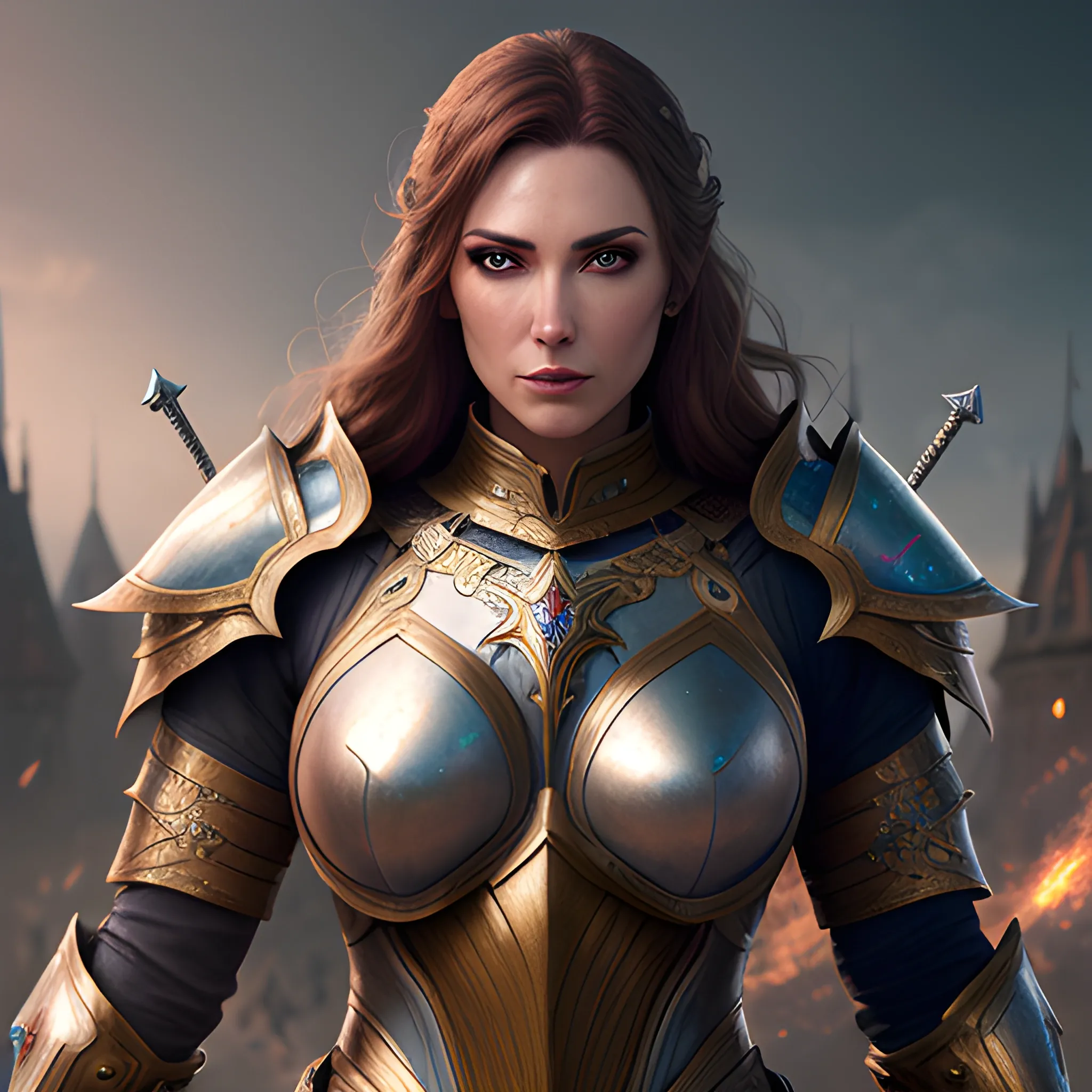 girl, girl in armor, fantasy,  sparkles, magic, 8k, high resolution, high quality, photorealistic, hyperrealistic, detailed, detailed matte painting, deep color, fantastical, intricate detail, splash screen, complementary colors, fantasy concept art, 8k resolution trending on Artstation Unreal Engine, brown hair, sword, fighting, battlefield