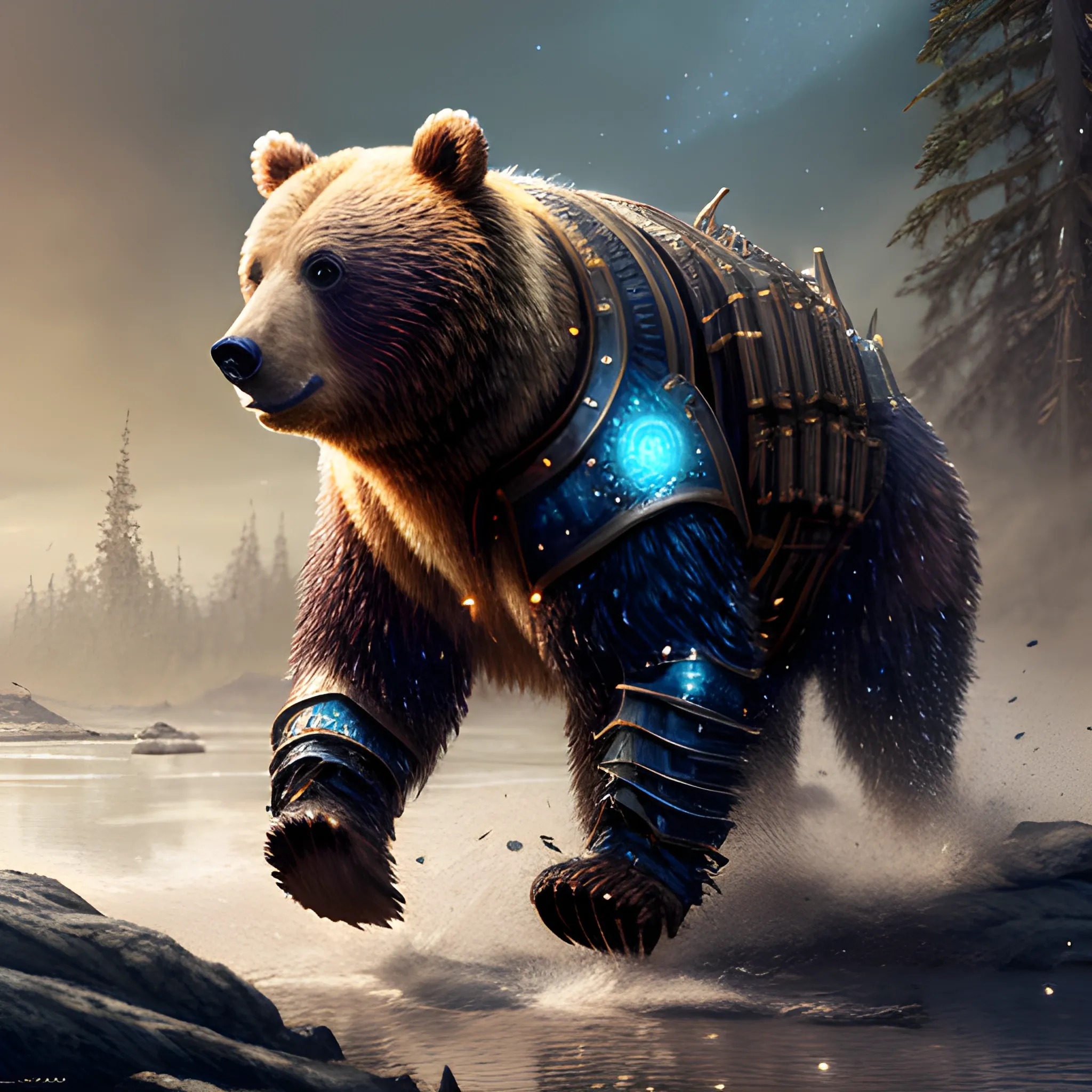 bear running, bear in armor, sparkles, magic, 8k, high resolution, high quality, photorealistic, hyperrealistic, detailed, detailed matte painting, deep color, fantastical, intricate detail, splash screen, complementary colors, fantasy concept art, 8k resolution trending on Artstation Unreal Engine, running