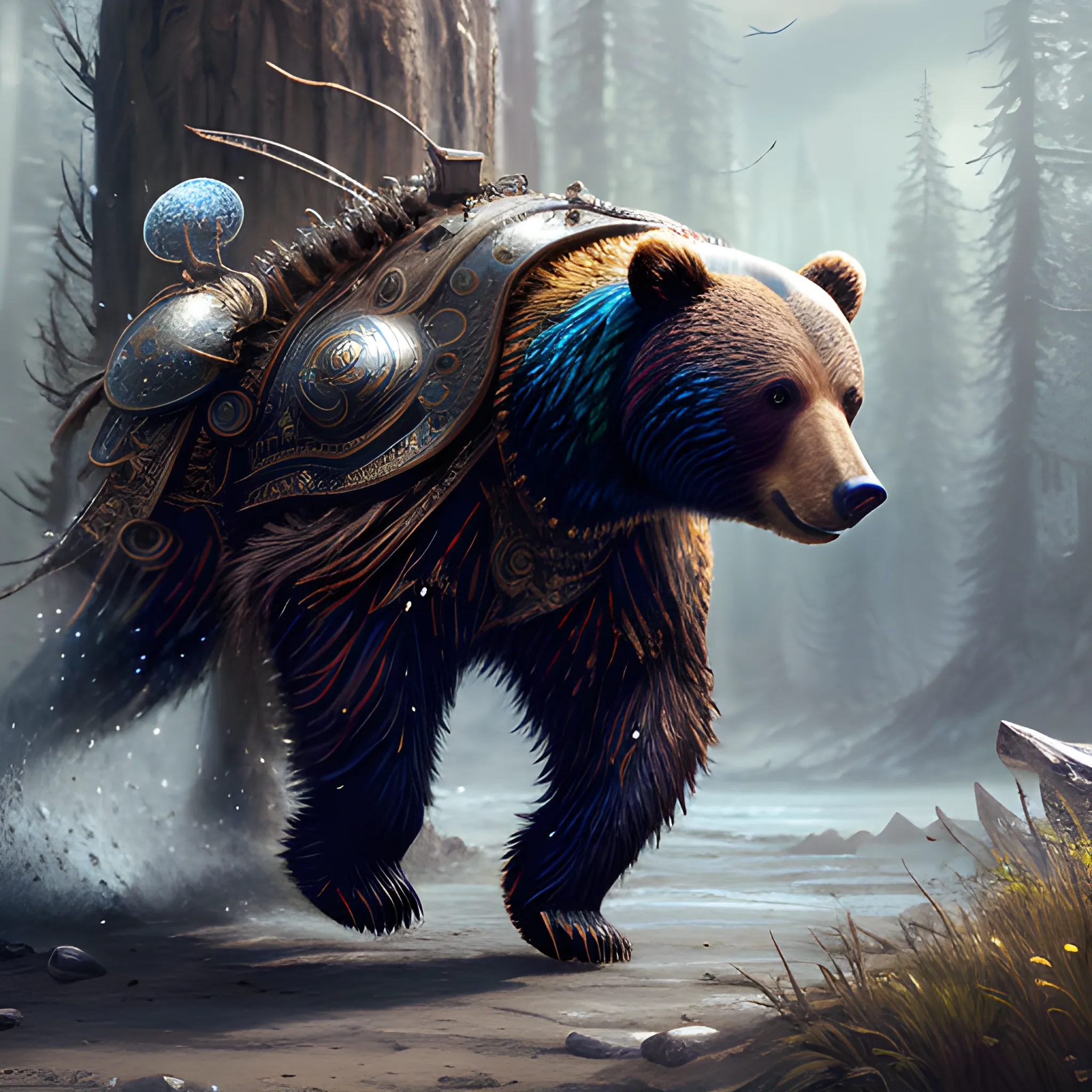 bear running, bear in armor, sparkles, magic, 8k, high resolution, high quality, photorealistic, hyperrealistic, detailed, detailed matte painting, deep color, fantastical, intricate detail, splash screen, complementary colors, fantasy concept art, 8k resolution trending on Artstation Unreal Engine, running