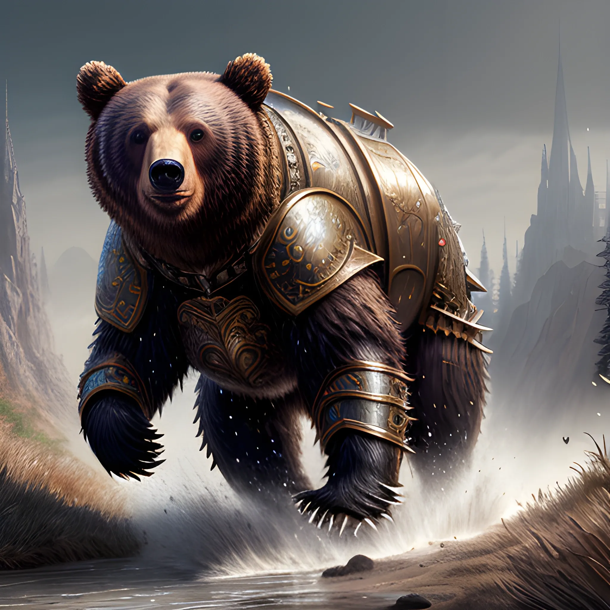 bear running, bear in armor, sparkles, magic, 8k, high resolution, high quality, photorealistic, hyperrealistic, detailed, detailed matte painting, deep color, fantastical, intricate detail, splash screen, complementary colors, fantasy concept art, 8k resolution trending on Artstation Unreal Engine, running