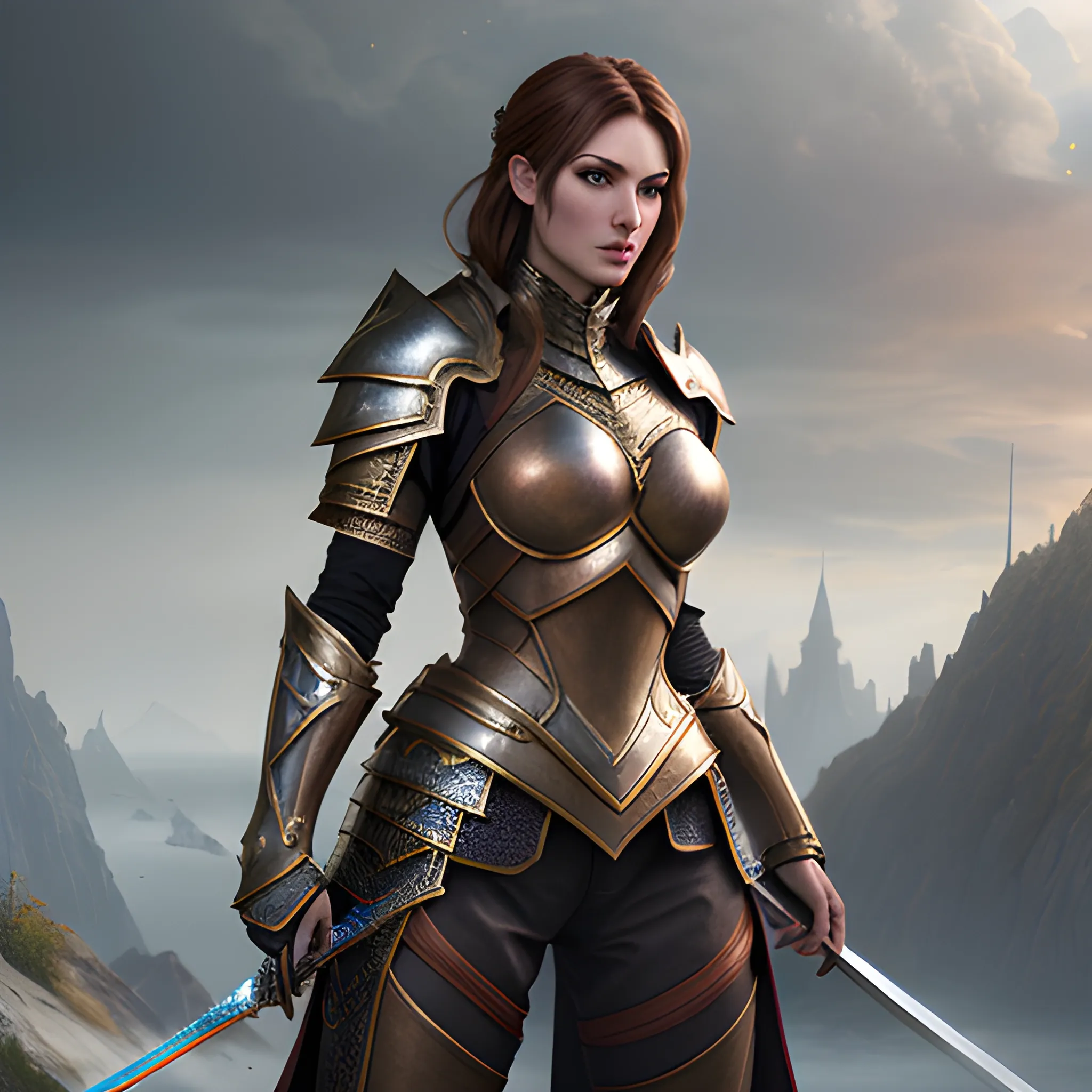 girl, girl in armor, fantasy, fighting, swordfight, sparkles, magic, 8k, high resolution, high quality, photorealistic, hyperrealistic, detailed, detailed matte painting, deep color, fantastical, intricate detail, splash screen, complementary colors, fantasy concept art, 8k resolution trending on Artstation Unreal Engine, brown hair, sword, fighting, battlefield