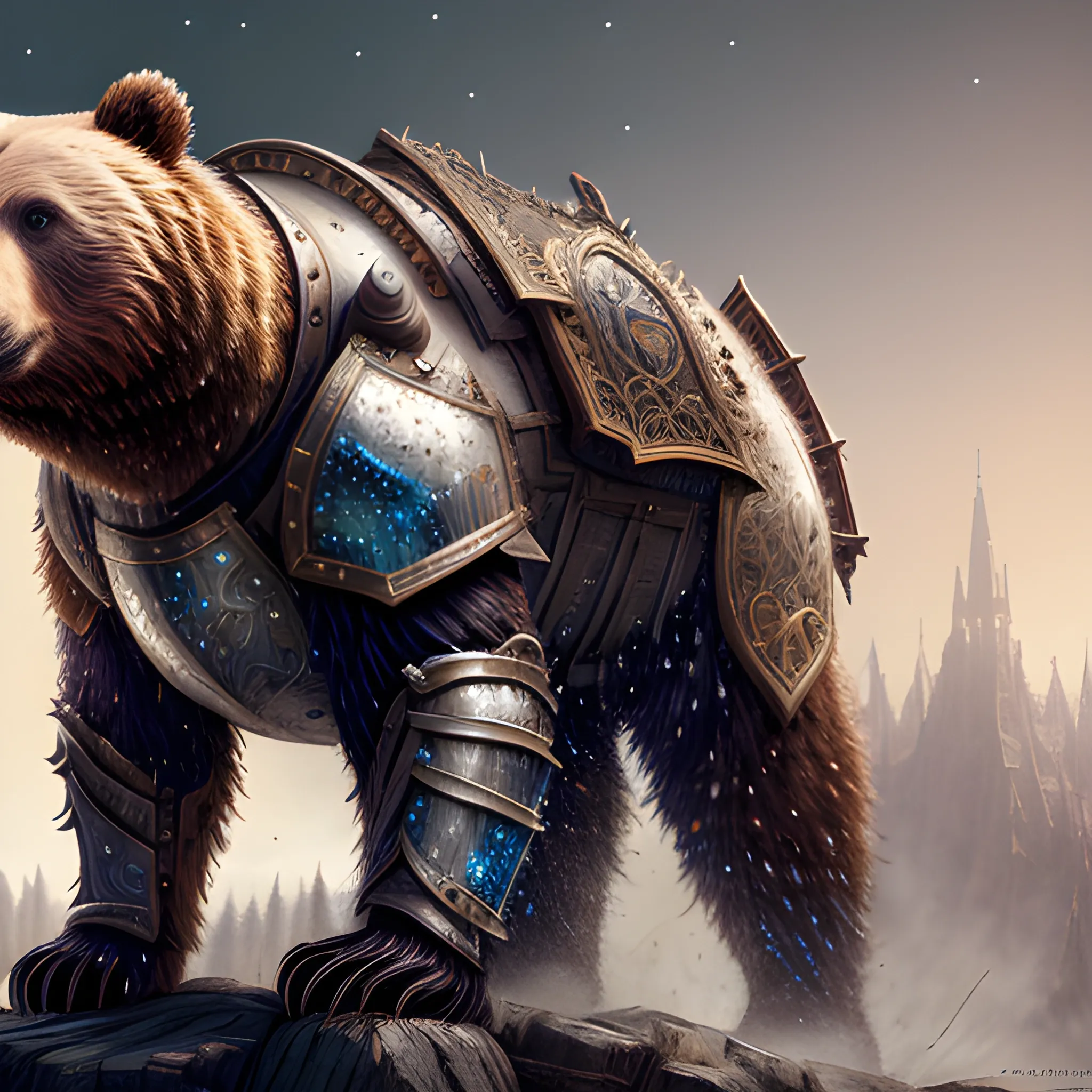 bear running, bear in armor, sparkles, magic, 8k, high resolution, high quality, photorealistic, hyperrealistic, detailed, detailed matte painting, deep color, fantastical, intricate detail, splash screen, complementary colors, fantasy concept art, 8k resolution trending on Artstation Unreal Engine, sitting