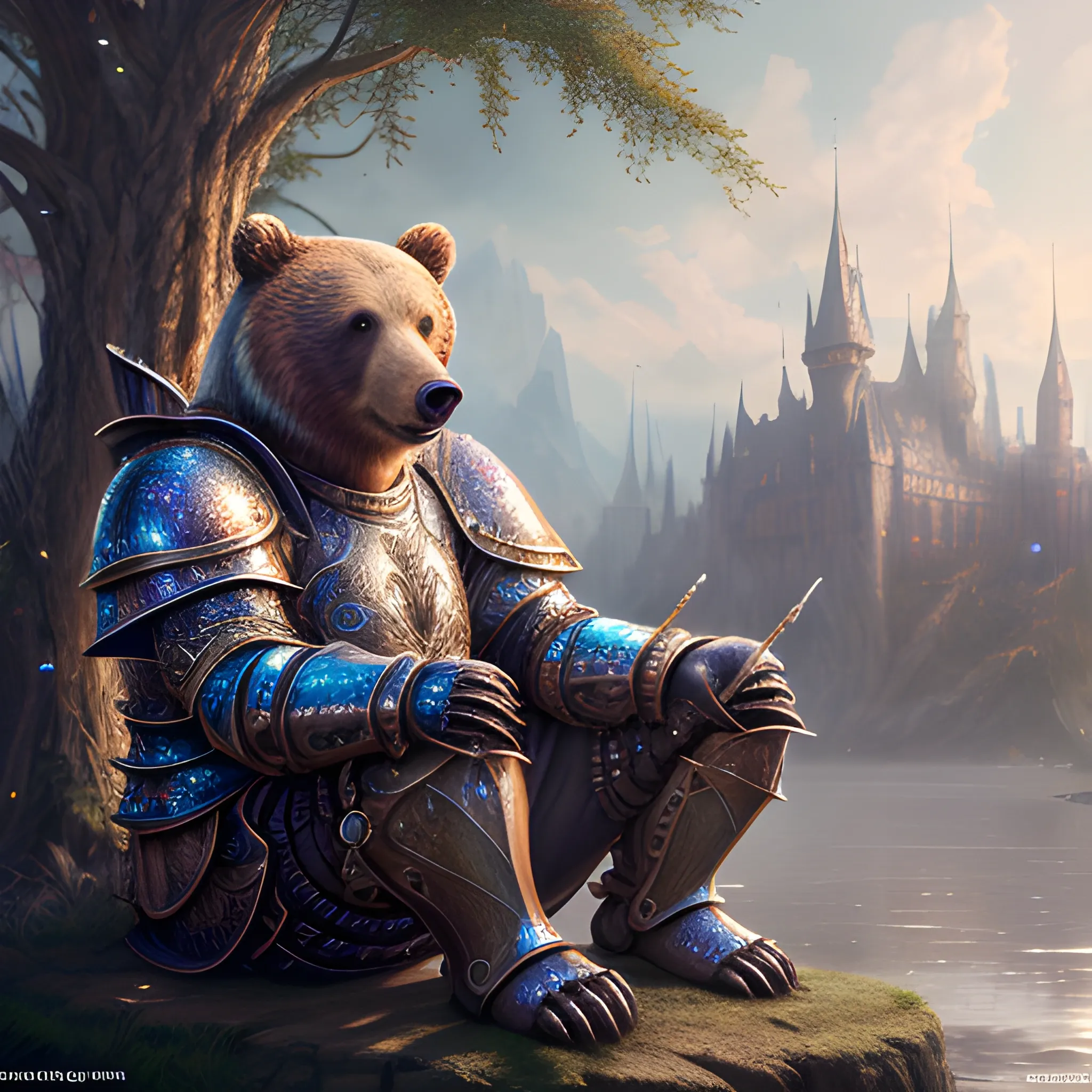 bear in armor, sparkles, magic, 8k, high resolution, high quality, photorealistic, hyperrealistic, detailed, detailed matte painting, deep color, fantastical, intricate detail, splash screen, complementary colors, fantasy concept art, 8k resolution trending on Artstation Unreal Engine, sitting