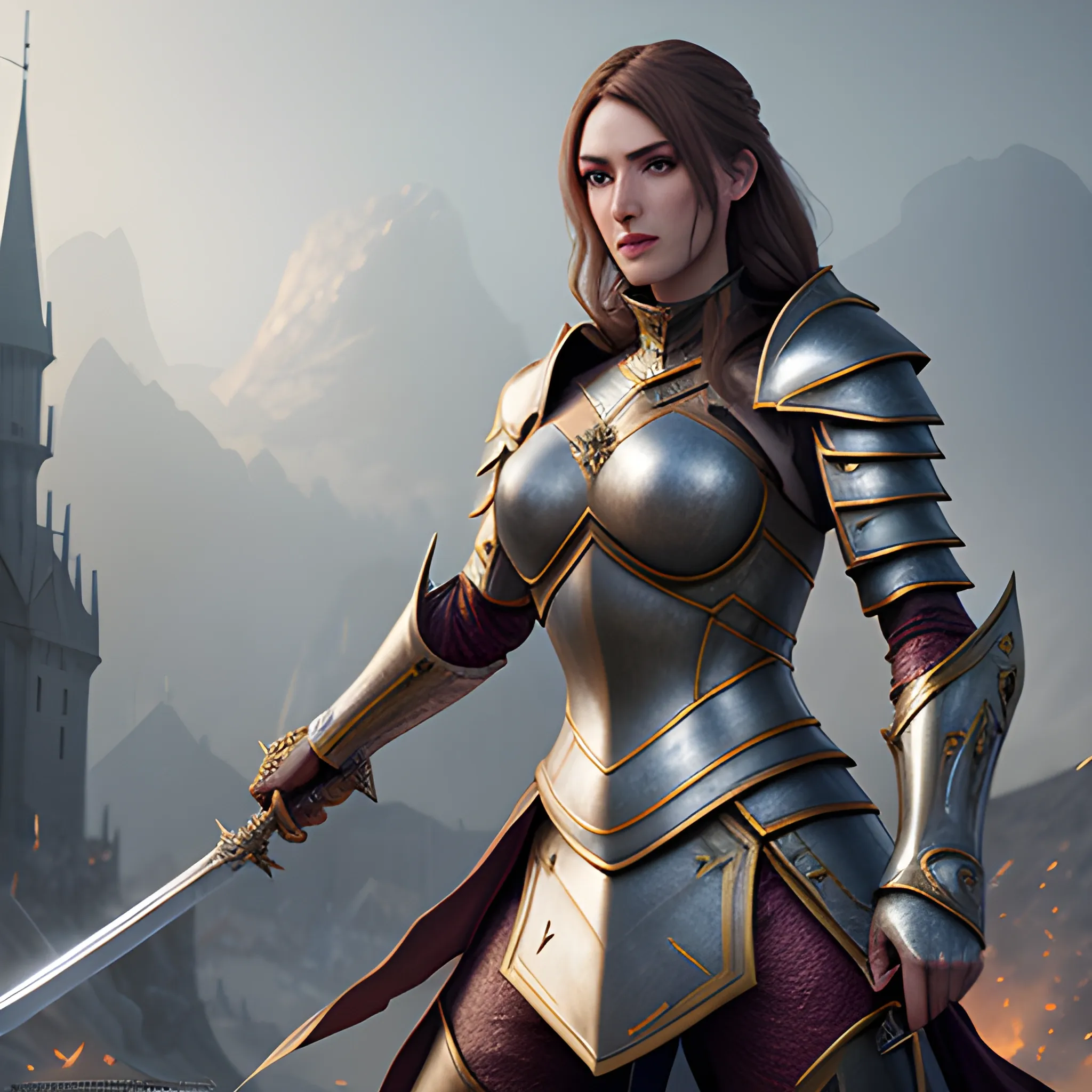 girl, girl in armor, fantasy, fighting, swordfight, sparkles, magic, 8k, high resolution, high quality, photorealistic, hyperrealistic, detailed, detailed matte painting, deep color, fantastical, intricate detail, splash screen, complementary colors, fantasy concept art, 8k resolution trending on Artstation Unreal Engine, brown hair, sword, fighting, battlefield, duel