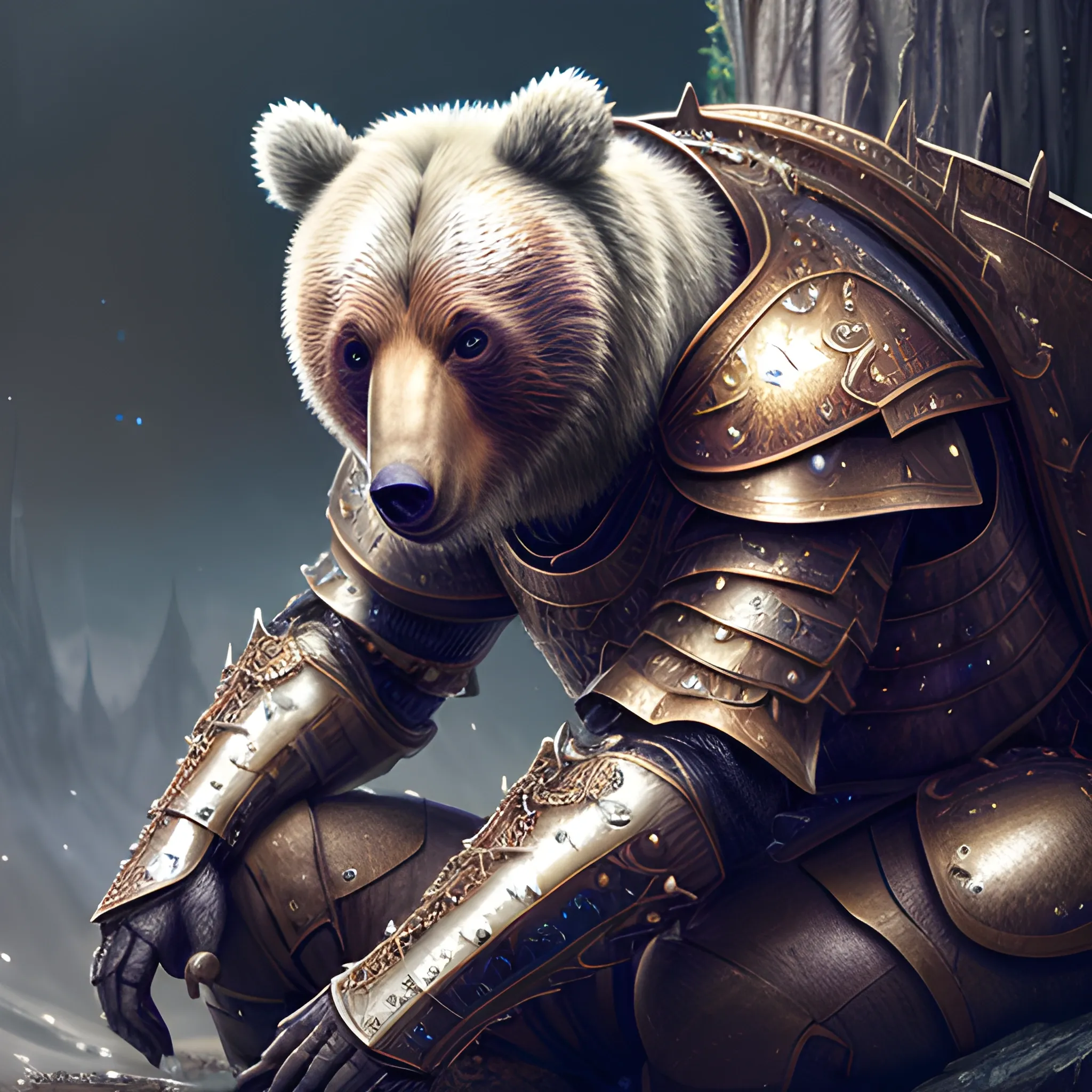 bear in armor, sparkles, magic, 8k, high resolution, high quality, photorealistic, hyperrealistic, detailed, detailed matte painting, deep color, fantastical, intricate detail, splash screen, complementary colors, fantasy concept art, 8k resolution trending on Artstation Unreal Engine, sitting