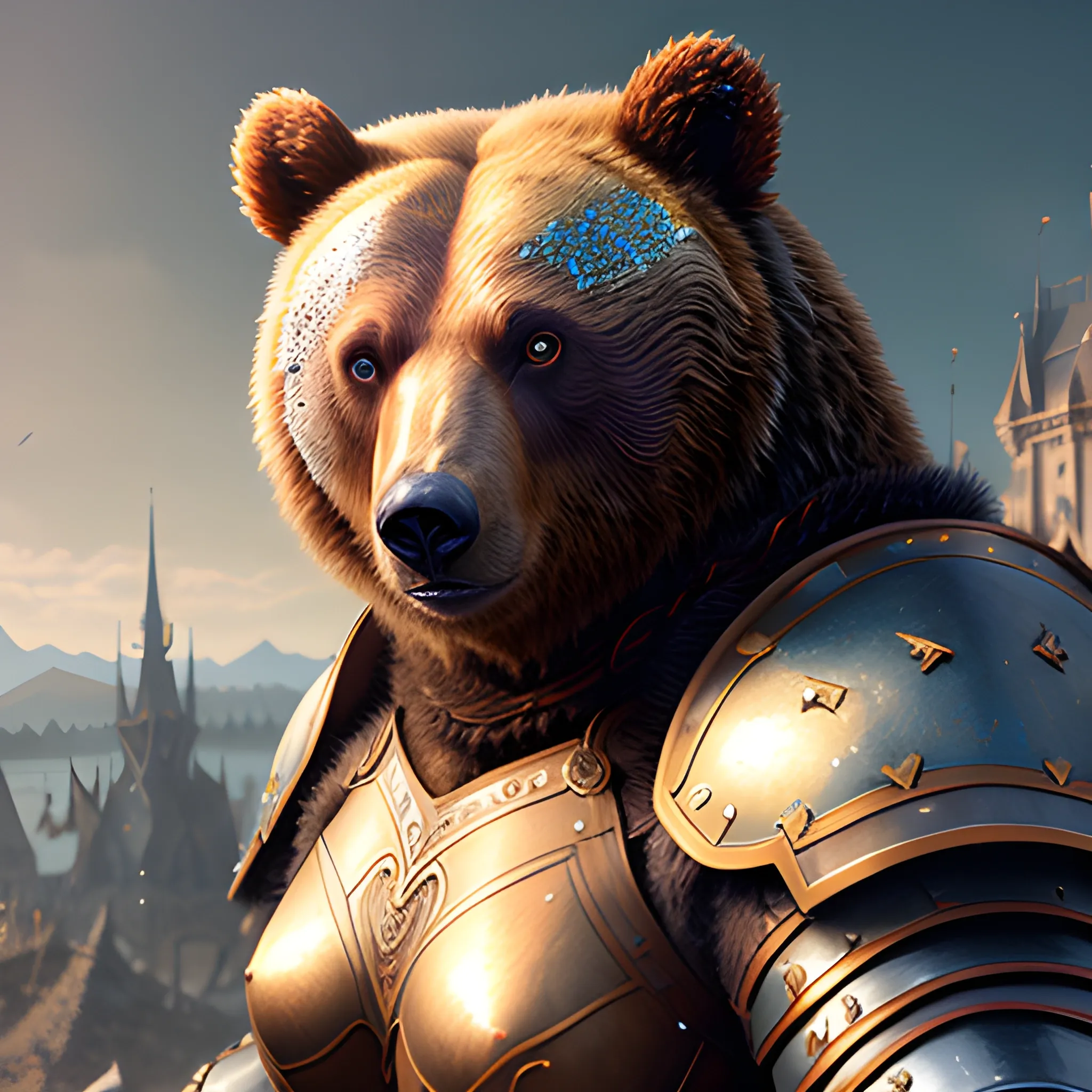 bear in armor, girl in armor, brown hair girl, girl on a bear, sparkles, magic, 8k, high resolution, high quality, photorealistic, hyperrealistic, detailed, detailed matte painting, deep color, fantastical, intricate detail, splash screen, complementary colors, fantasy concept art, 8k resolution trending on Artstation Unreal Engine,