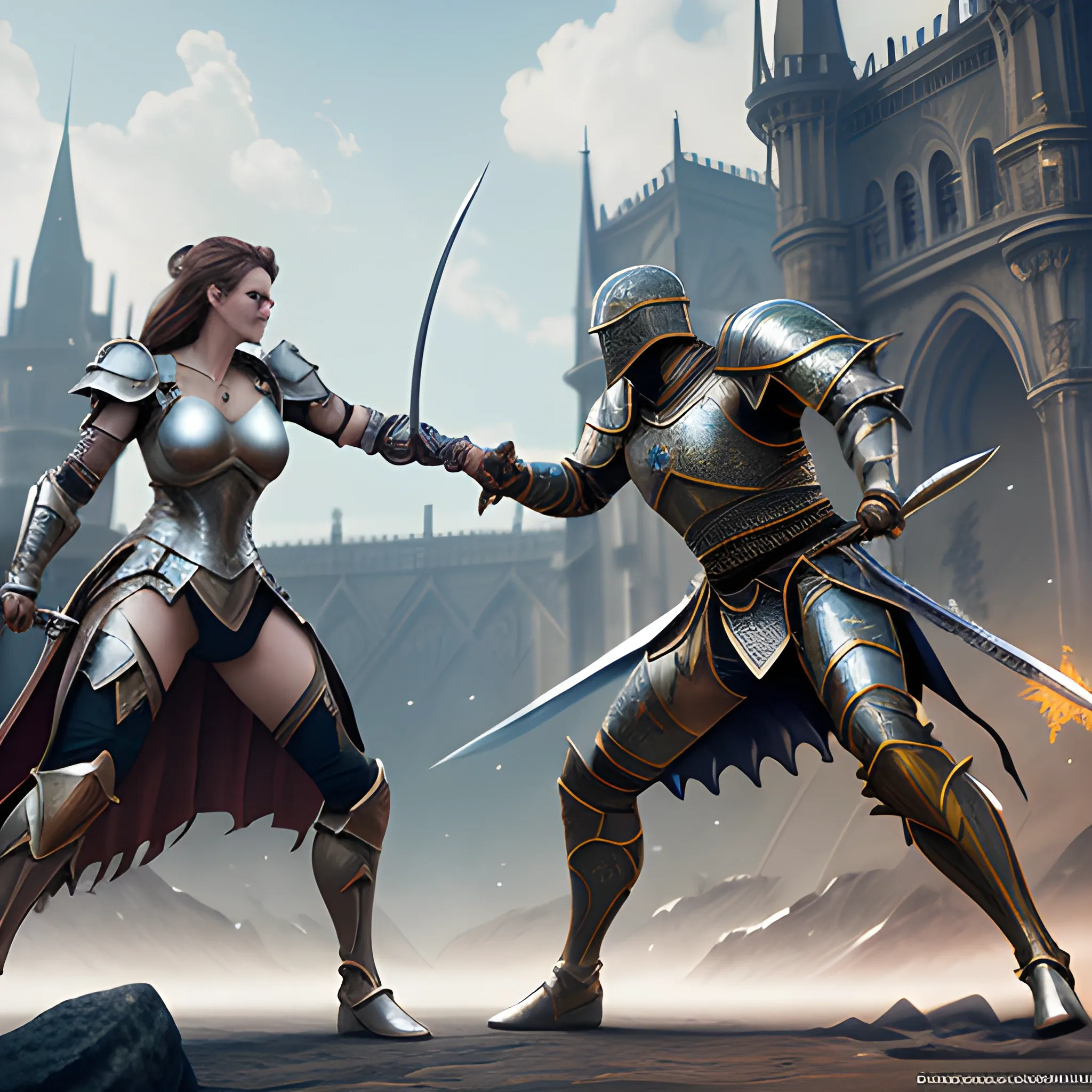 fight, duel ,girl, girl in armor, fantasy, fighting, swordfight, sparkles, magic, 8k, high resolution, high quality, photorealistic, hyperrealistic, detailed, detailed matte painting, deep color, fantastical, intricate detail, splash screen, complementary colors, fantasy concept art, 8k resolution trending on Artstation Unreal Engine, brown hair, sword, fighting, battlefield, duel