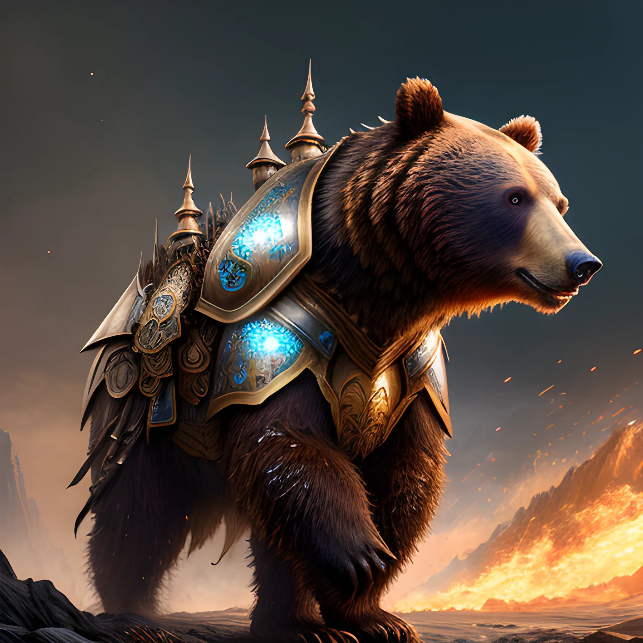 bear in armor, brown hair girl, girl on a bear, sparkles, magic, 8k, high resolution, high quality, photorealistic, hyperrealistic, detailed, detailed matte painting, deep color, fantastical, intricate detail, splash screen, complementary colors, fantasy concept art, 8k resolution trending on Artstation Unreal Engine,