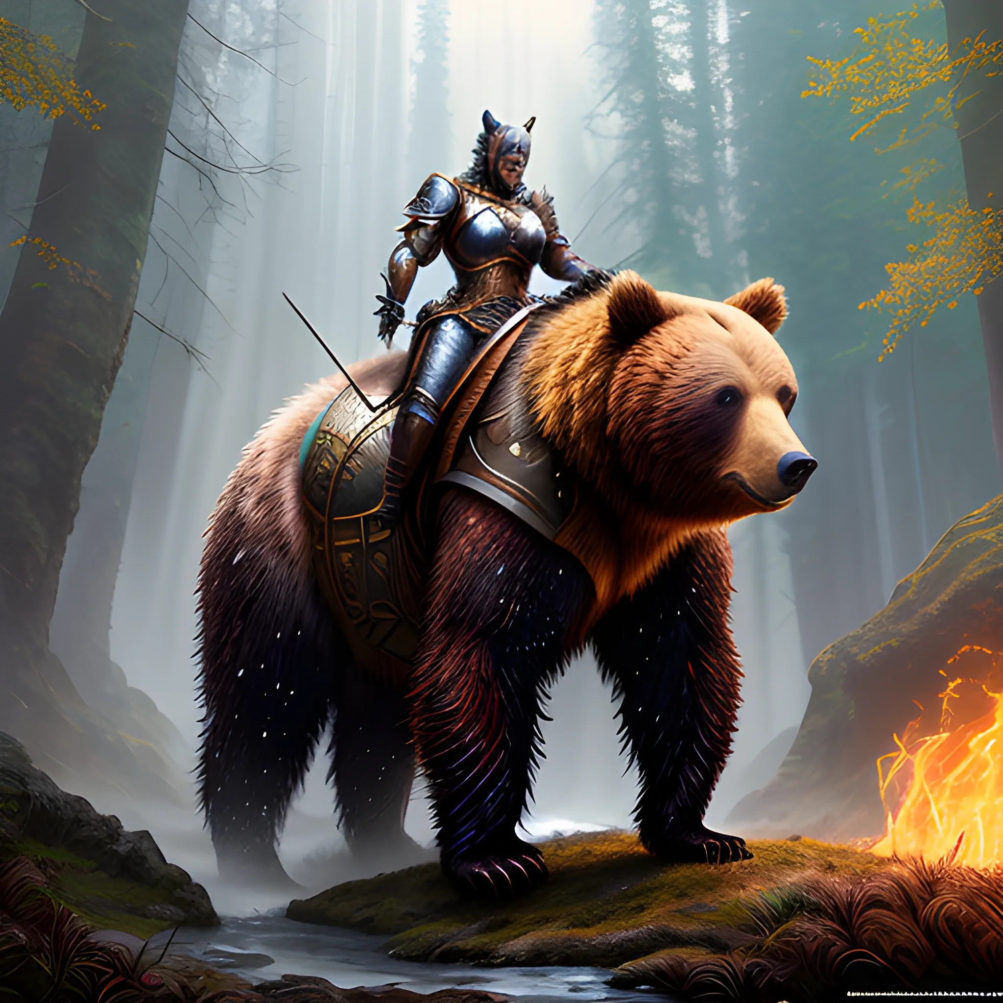 bear in armor, brown hair girl, girl on a bear, sparkles, magic, 8k, high resolution, high quality, photorealistic, hyperrealistic, detailed, detailed matte painting, deep color, fantastical, intricate detail, splash screen, complementary colors, fantasy concept art, 8k resolution trending on Artstation Unreal Engine,