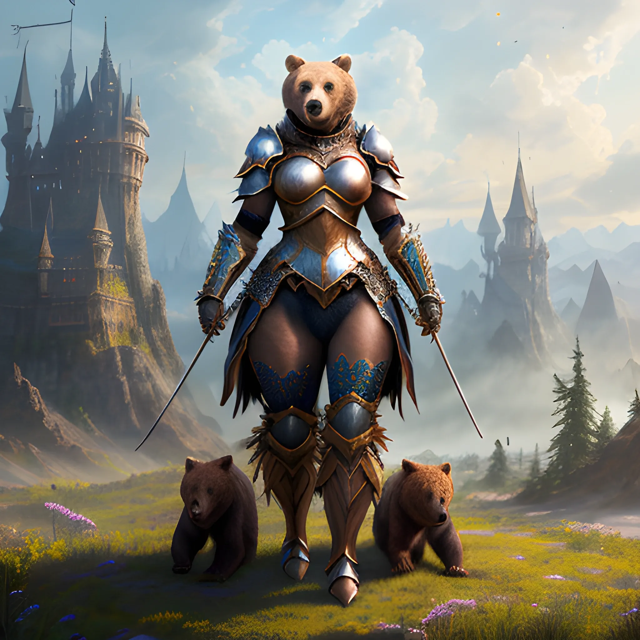 bear in armor, brown hair girl, girl on a bear, girl and bear, sparkles, magic, 8k, high resolution, high quality, photorealistic, hyperrealistic, detailed, detailed matte painting, deep color, fantastical, intricate detail, splash screen, complementary colors, fantasy concept art, 8k resolution trending on Artstation Unreal Engine,