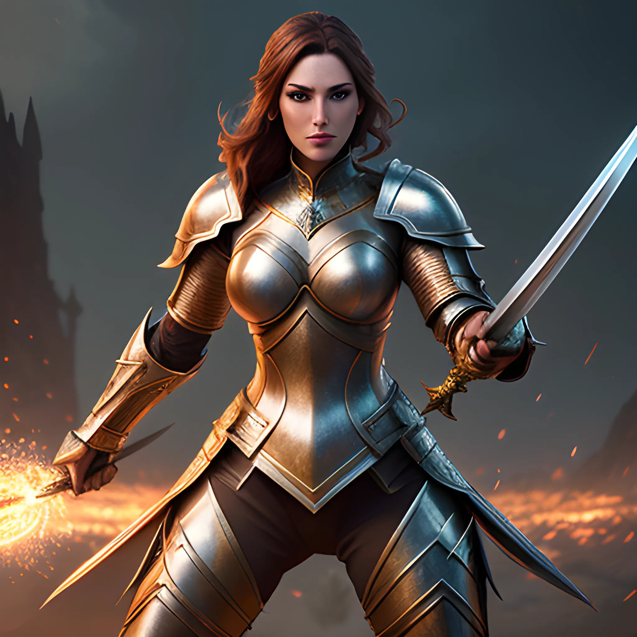 fight ,girl, girl in armor, fantasy, fighting, swordfight, sparkles, magic, 8k, high resolution, high quality, photorealistic, hyperrealistic, detailed, detailed matte painting, deep color, fantastical, intricate detail, splash screen, complementary colors, fantasy concept art, 8k resolution trending on Artstation Unreal Engine, brown hair, sword, fighting, battlefield