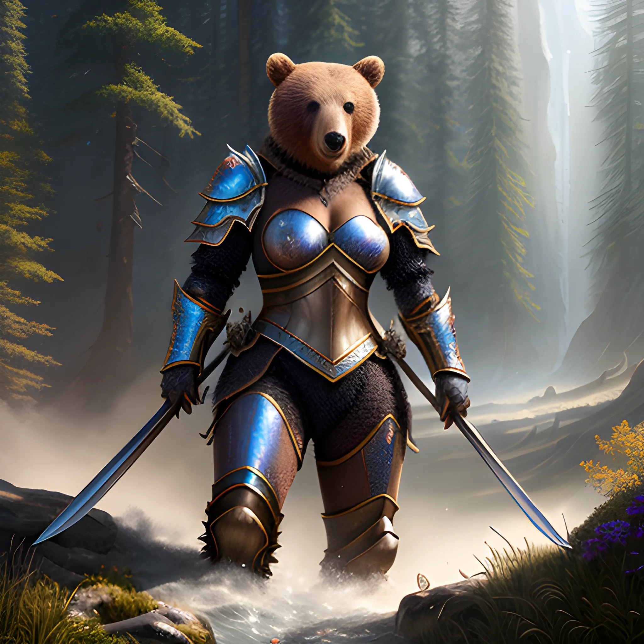 bear in armor, girl on a bear, girl and bear, sparkles, magic, 8k, high resolution, high quality, photorealistic, hyperrealistic, detailed, detailed matte painting, deep color, fantastical, intricate detail, splash screen, complementary colors, fantasy concept art, 8k resolution trending on Artstation Unreal Engine,