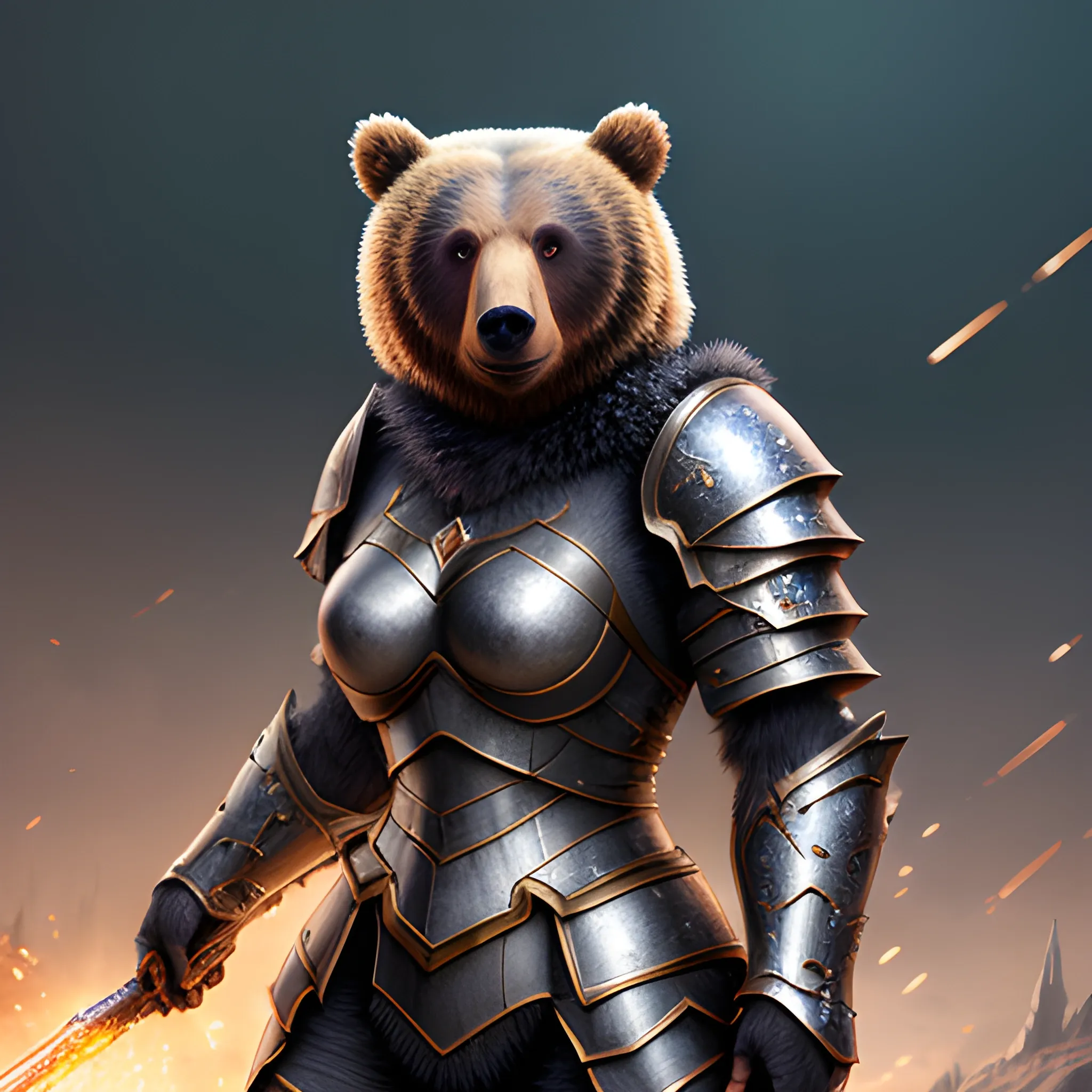 bear in armor, girl and a bear, sparkles, magic, 8k, high resolution, high quality, photorealistic, hyperrealistic, detailed, detailed matte painting, deep color, fantastical, intricate detail, splash screen, complementary colors, fantasy concept art, 8k resolution trending on Artstation Unreal Engine