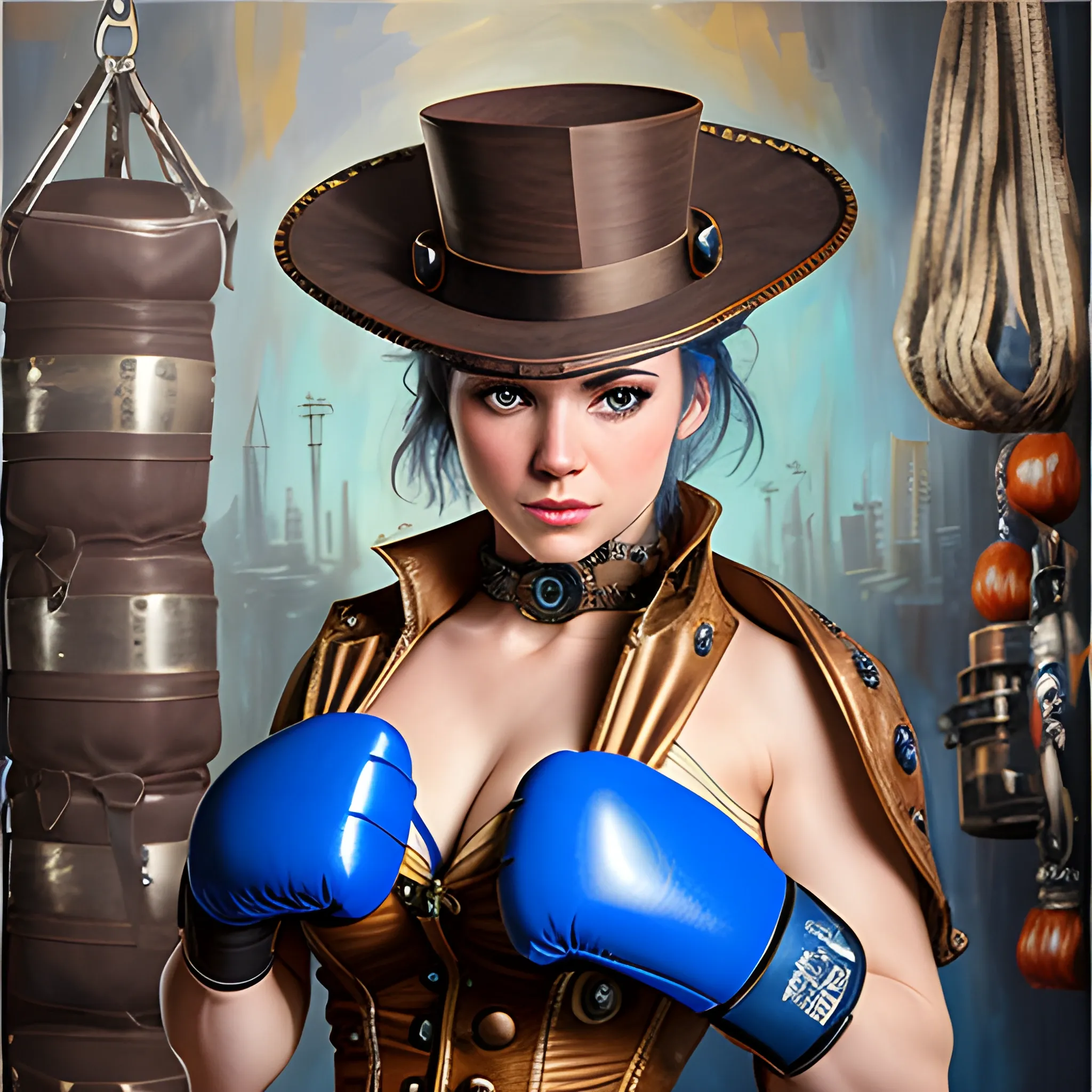 steampunk woman is wearing a blue cosplay suit, she is wearing boxing gloves in a boxing gym, ultra high definition quality, Oil Painting