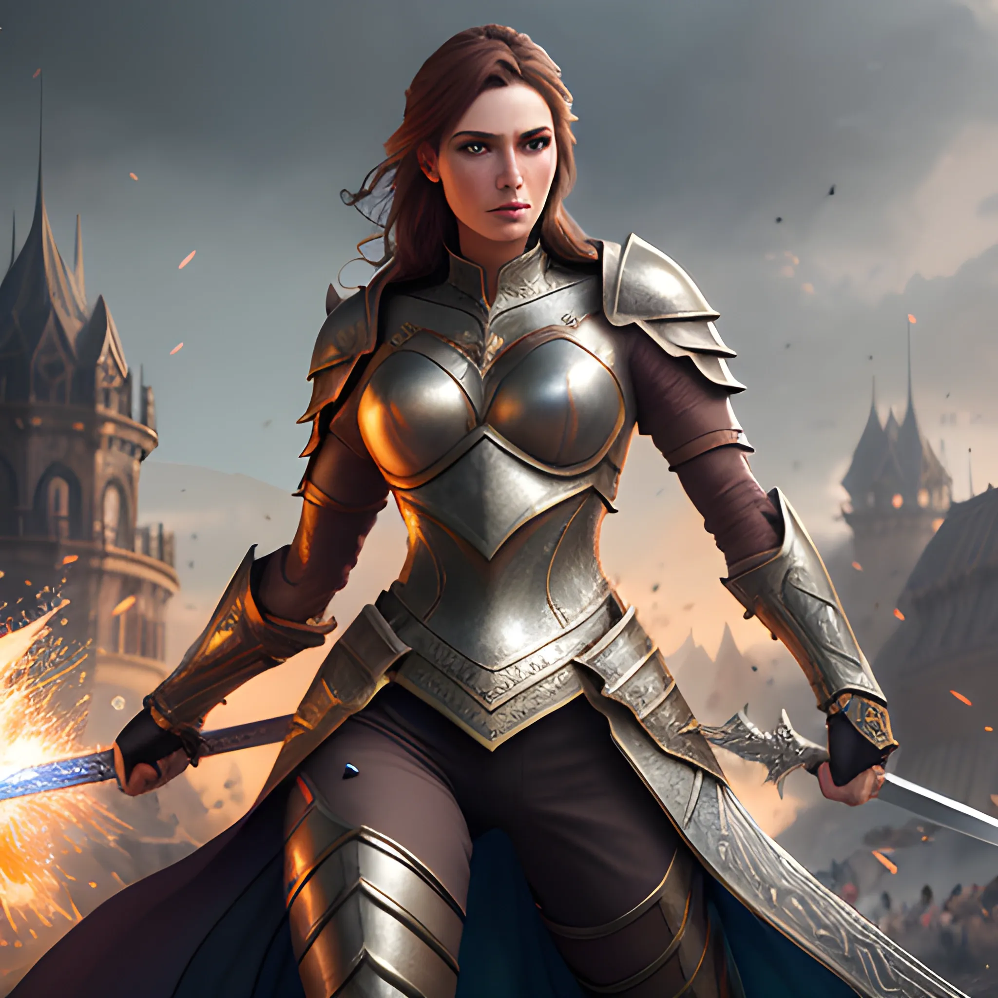 fight ,girl, girl in armor, fantasy, fighting, swordfight, sparkles, magic, 8k, high resolution, high quality, photorealistic, hyperrealistic, detailed, detailed matte painting, deep color, fantastical, intricate detail, splash screen, complementary colors, fantasy concept art, 8k resolution trending on Artstation Unreal Engine, brown hair, sword, fighting, battlefield