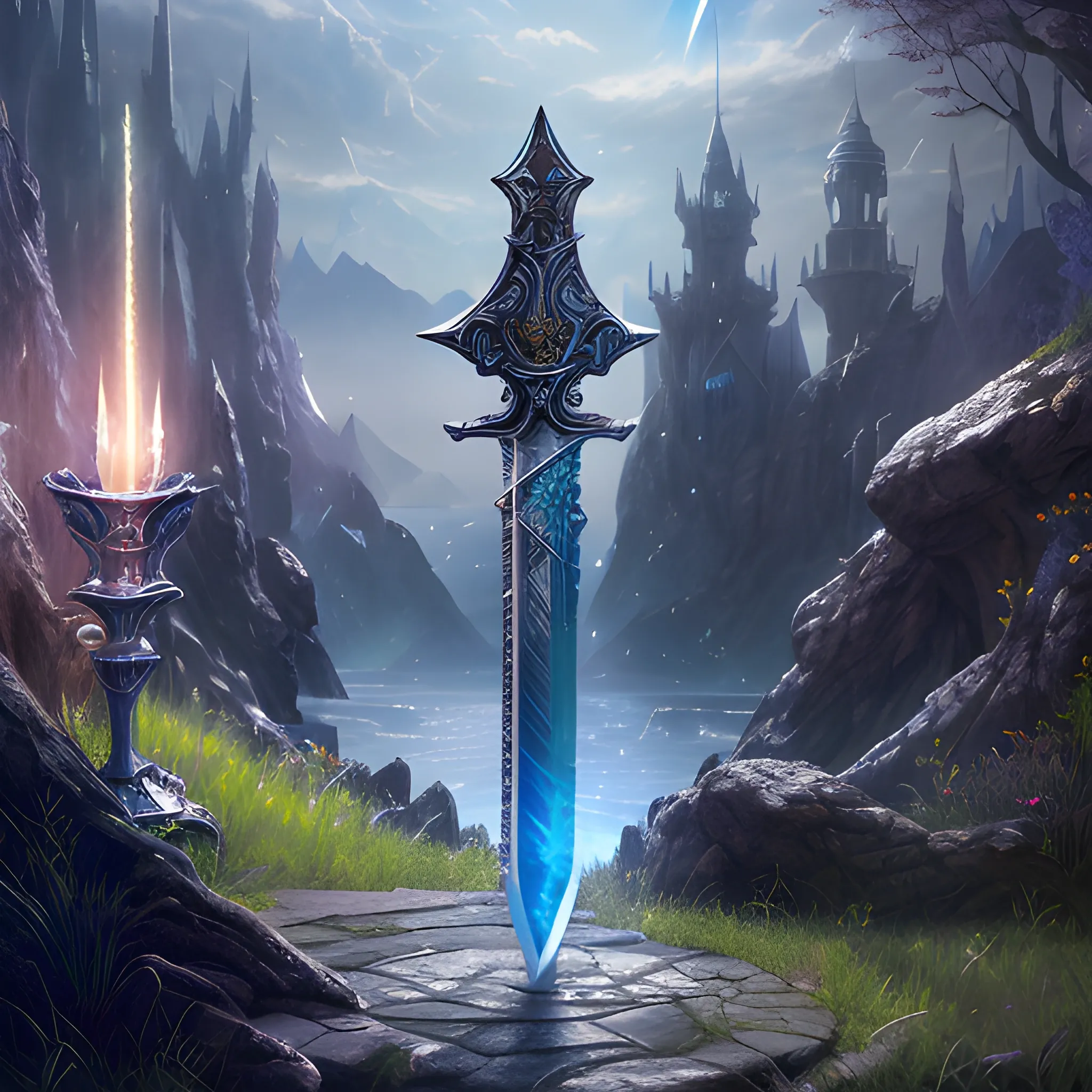 sword, magic sword, lightsword, shining sword, sparkles, magic, 8k, high resolution, high quality, photorealistic, hyperrealistic, detailed, detailed matte painting, deep color, fantastical, intricate detail, splash screen, complementary colors, fantasy concept art, 8k resolution trending on Artstation Unreal Engine, sword in stone, excalibur