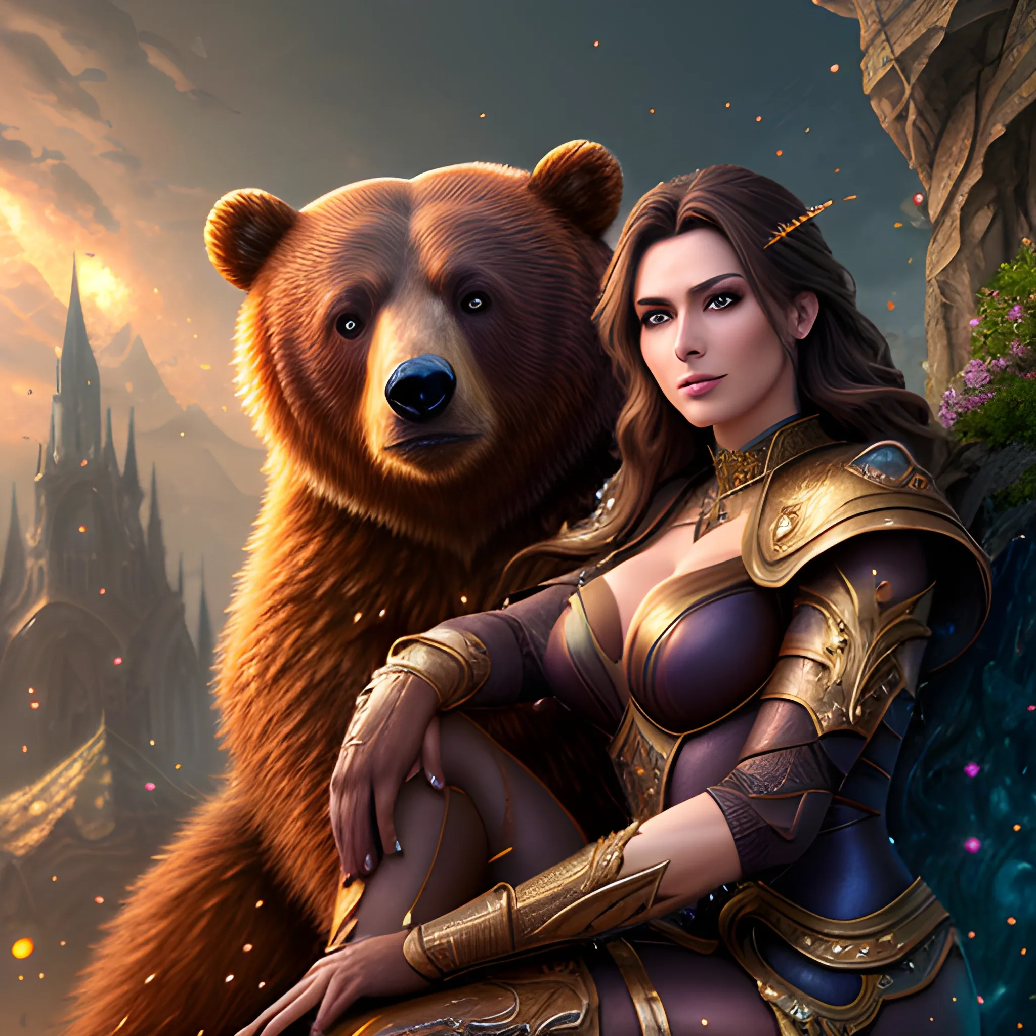 brown hair girl, sparkles, magic, 8k, high resolution, high quality, photorealistic, hyperrealistic, detailed, detailed matte painting, deep color, fantastical, intricate detail, splash screen, complementary colors, fantasy concept art, 8k resolution trending on Artstation Unreal Engine, girl + bear, girl sitting on a bear