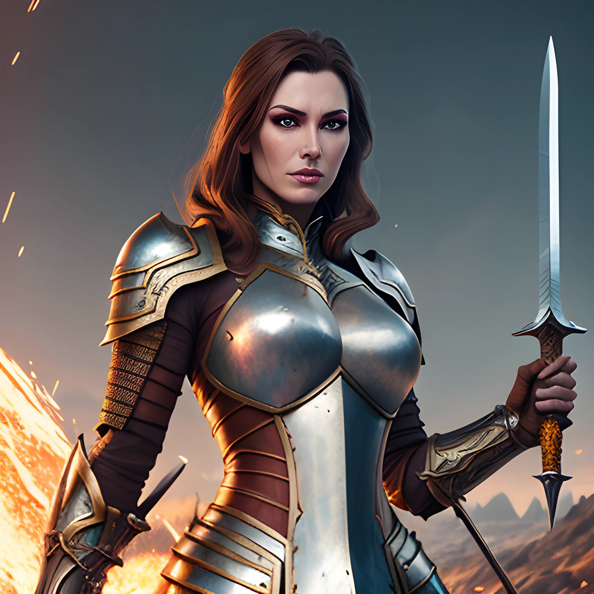 fight ,girl, girl in armor, fantasy, fighting, swordfight, sparkles, magic, 8k, high resolution, high quality, photorealistic, hyperrealistic, detailed, detailed matte painting, deep color, fantastical, intricate detail, splash screen, complementary colors, fantasy concept art, 8k resolution trending on Artstation Unreal Engine, brown hair, sword, fighting, battlefield