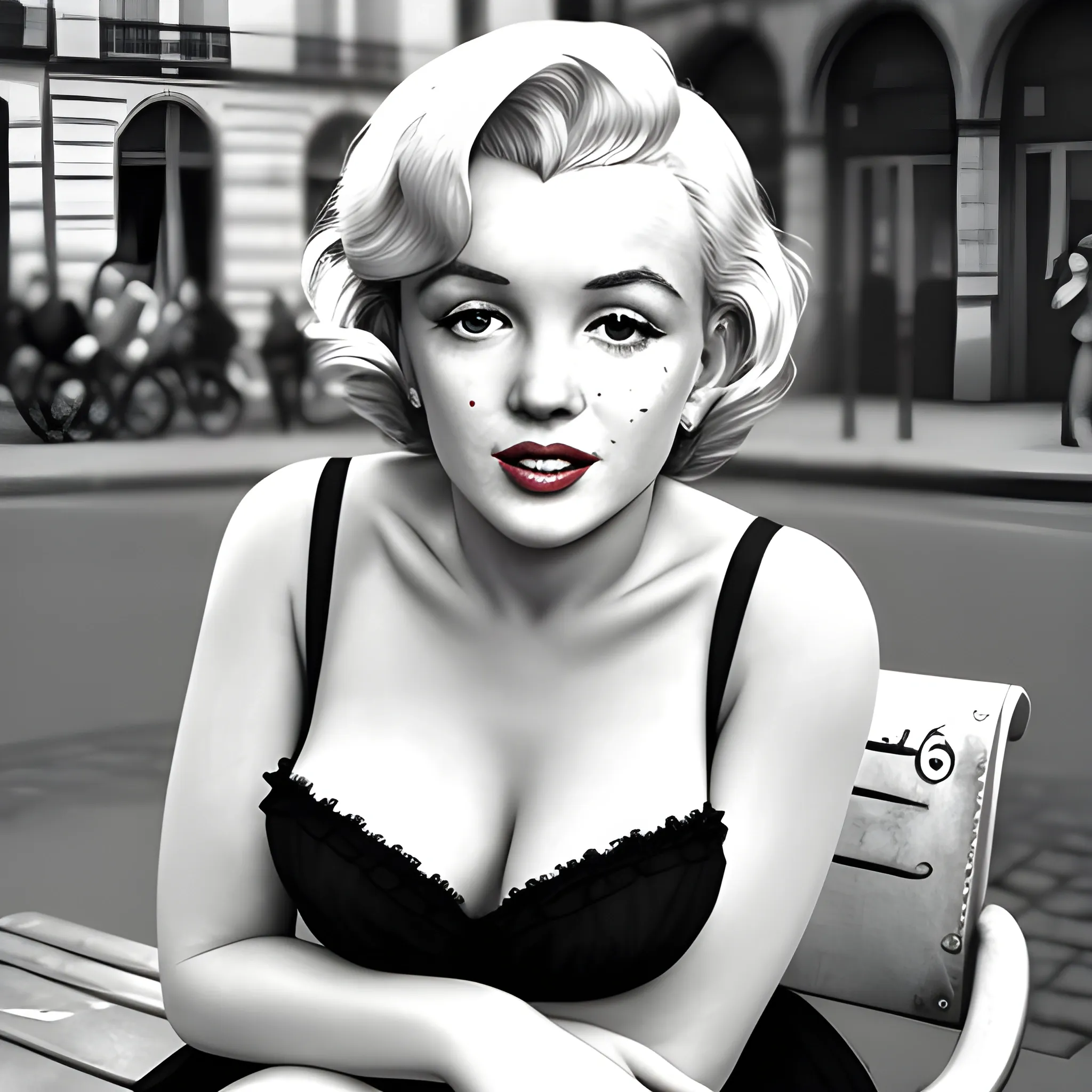 Marilyn Monroe on a Parisian bench, photorealistic, detailed, 8k