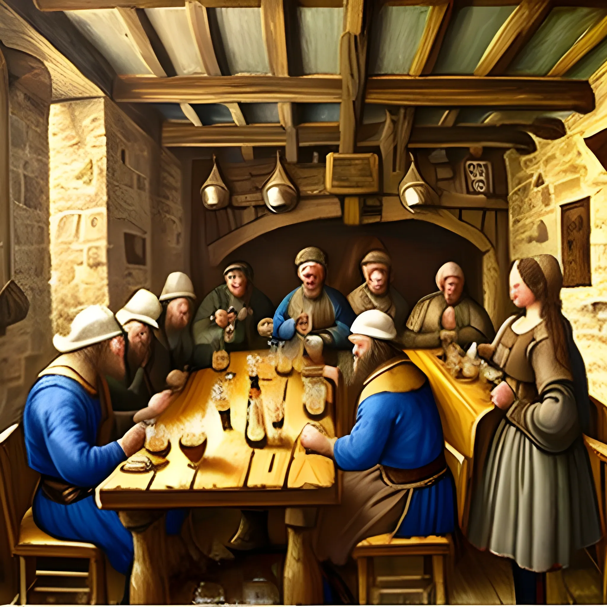 medieval poor tavern, several coaches, one table, one barrel with ale, Oil Painting, 